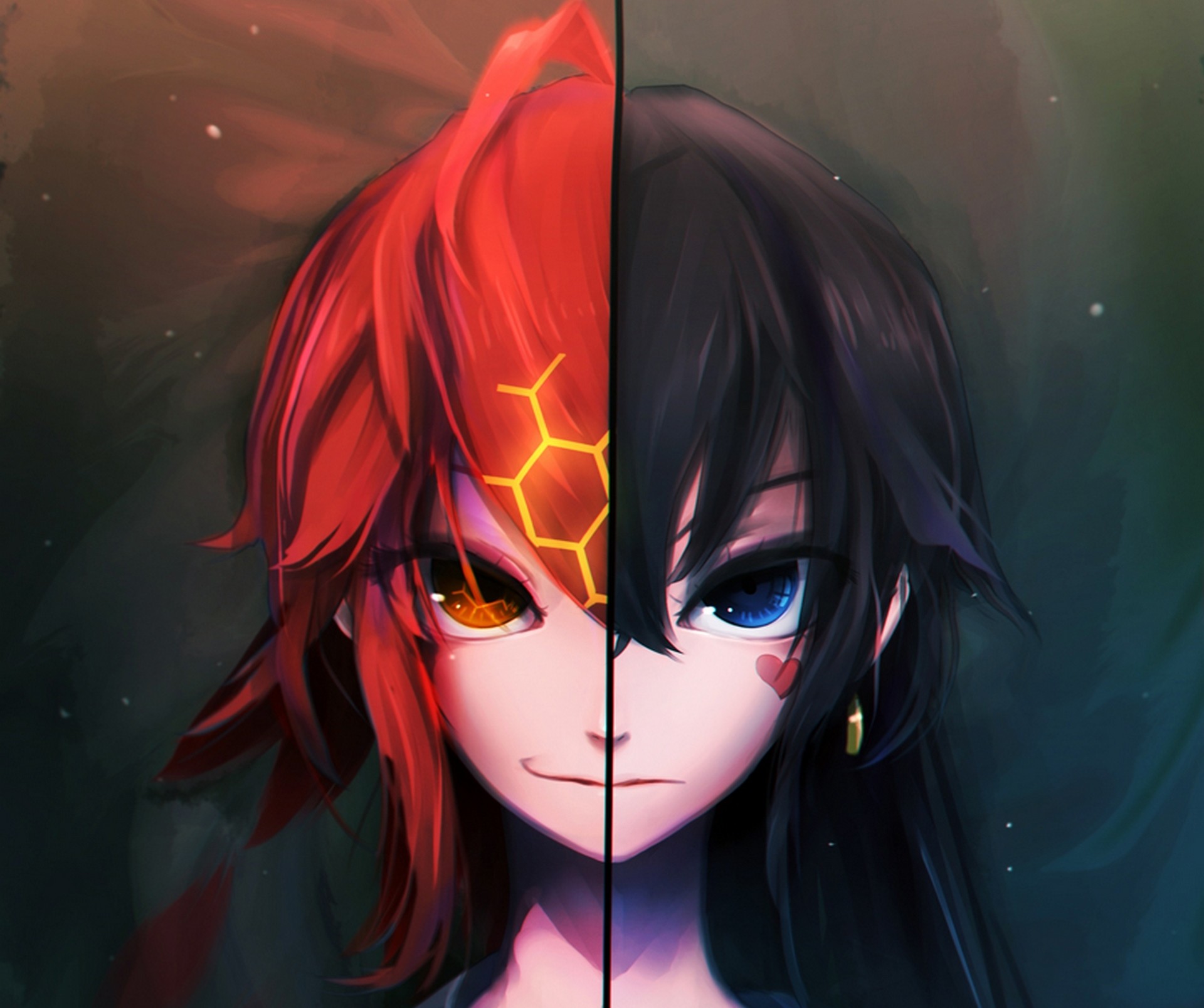 Ragazza anime, Doppio volto, Rosso e nero, Full HD, sfondo per portatile