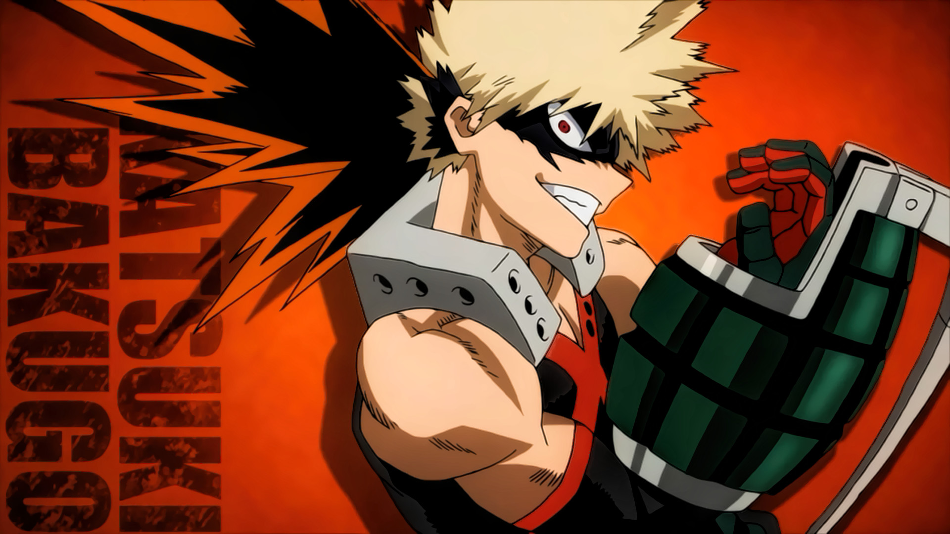 Katsuki Bakugo, My Hero Academia, Guanti granata, Arancione, Tipografia, sfondo Full HD per portatile