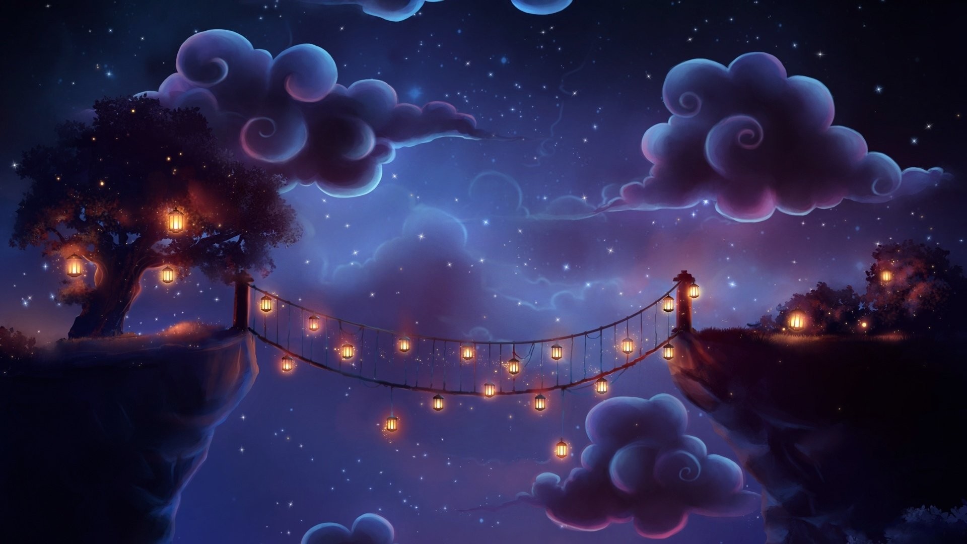 Ponte di lanterne, Nuvole, Notte, Fiaba, Viola, 1920x1080, sfondo per PC