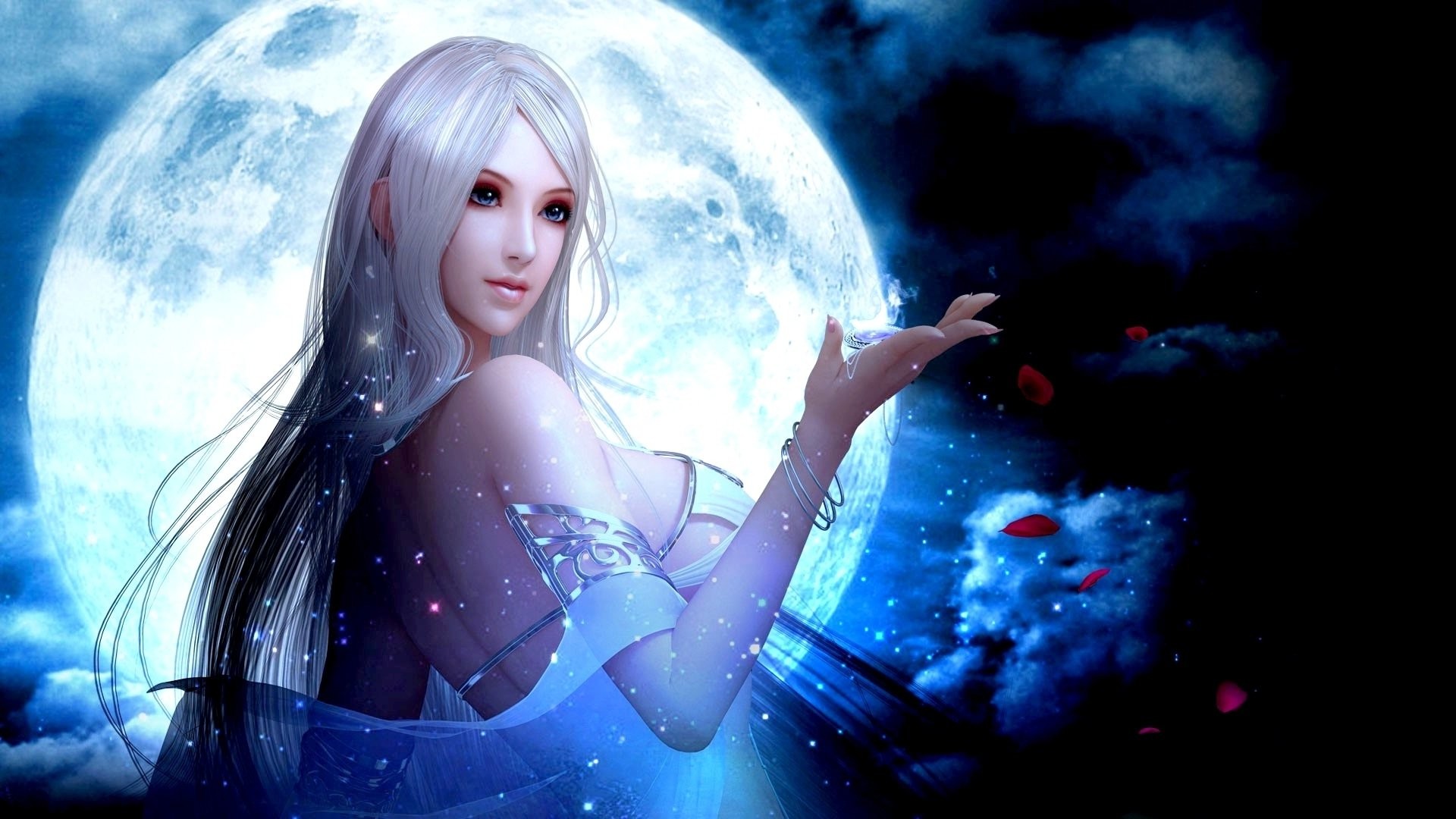 Ragazza fantasy, Luna piena, Capelli bianchi, Arte digitale, Full HD, sfondo per portatile