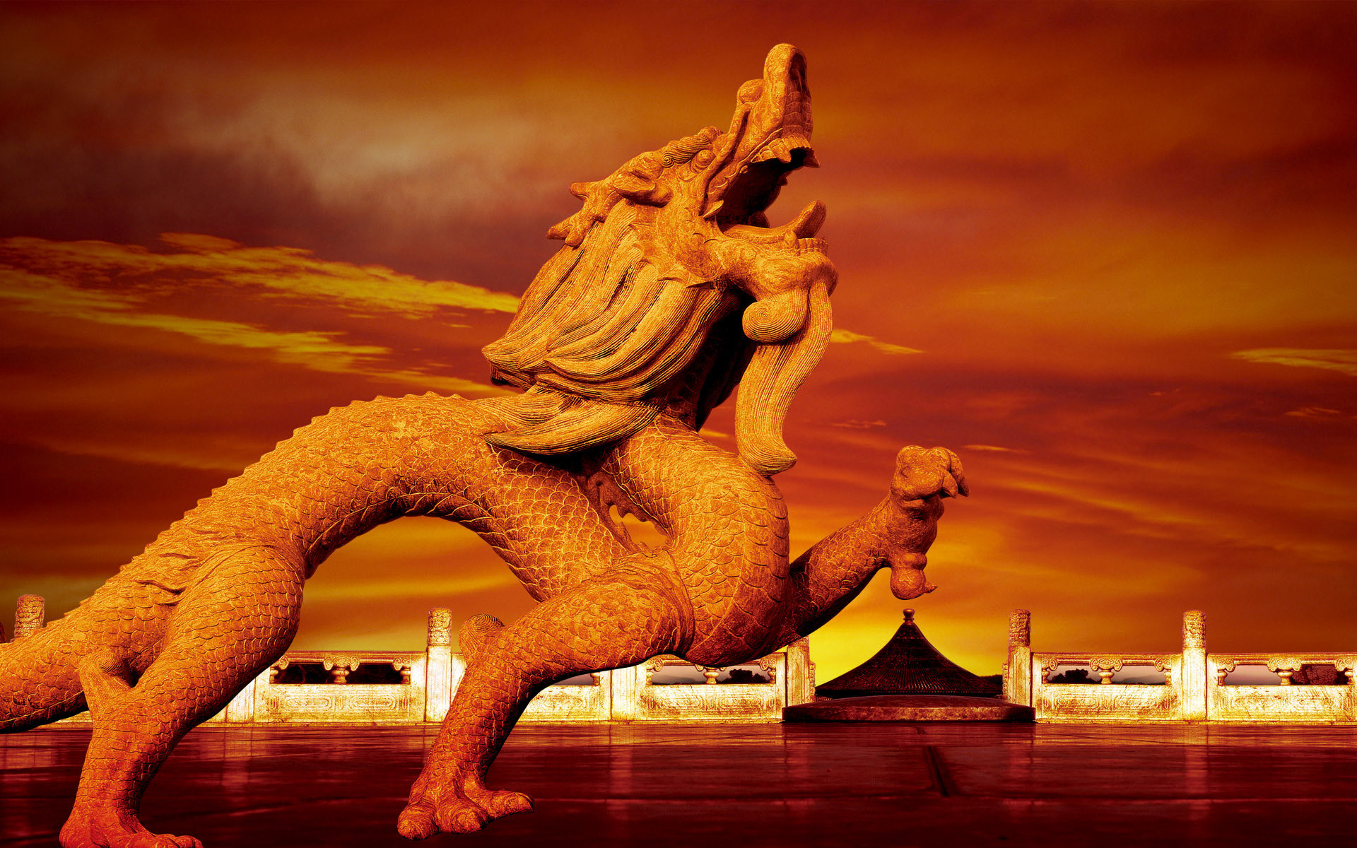 Drago cinese, Statua, Cina, Tramonto, Arancione, Full HD, wallpaper per computer