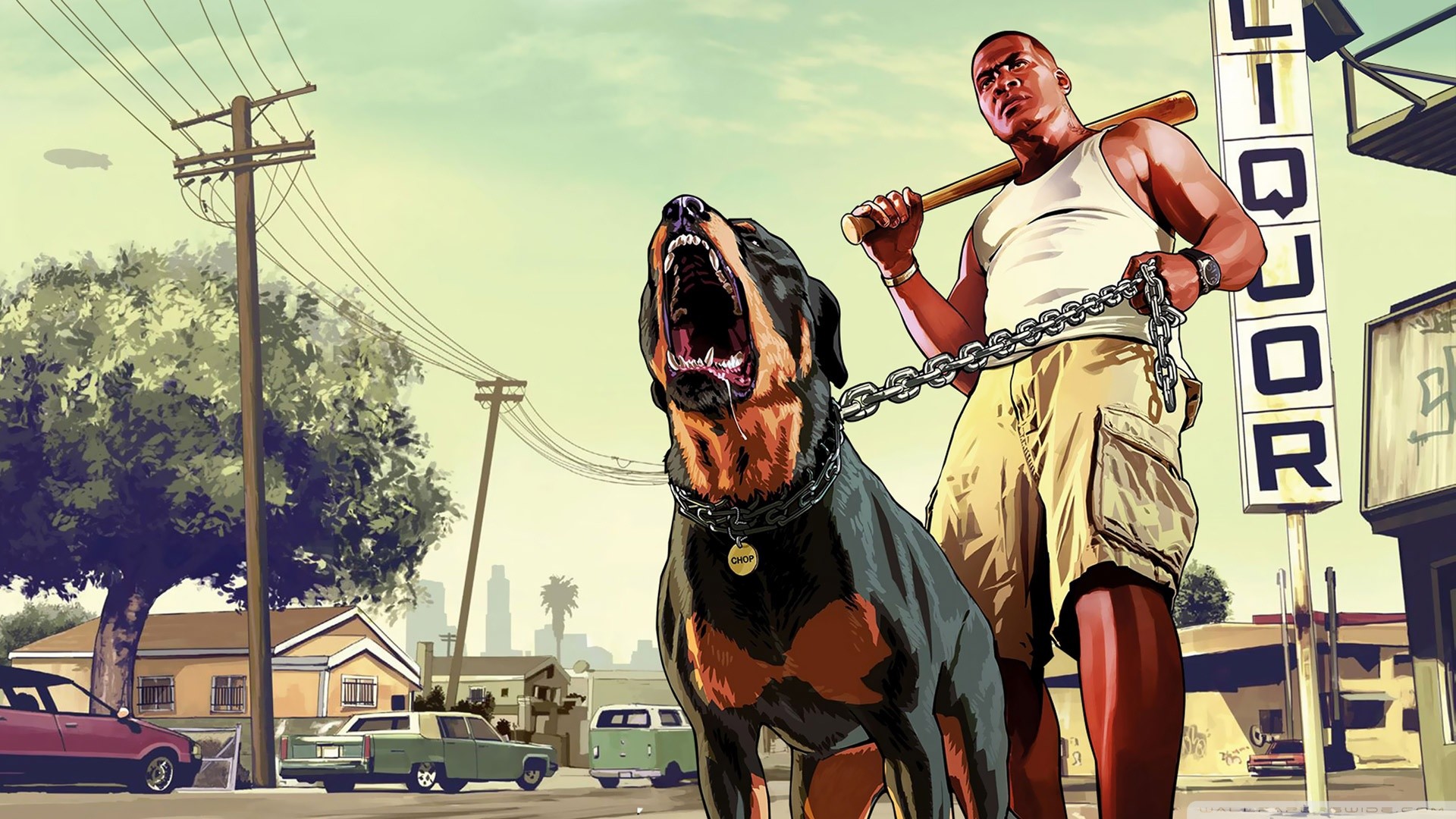 Franklin Clinton, Chop, Grand Theft Auto V, Liquor store, Rottweiler, sfondo widescreen Full HD