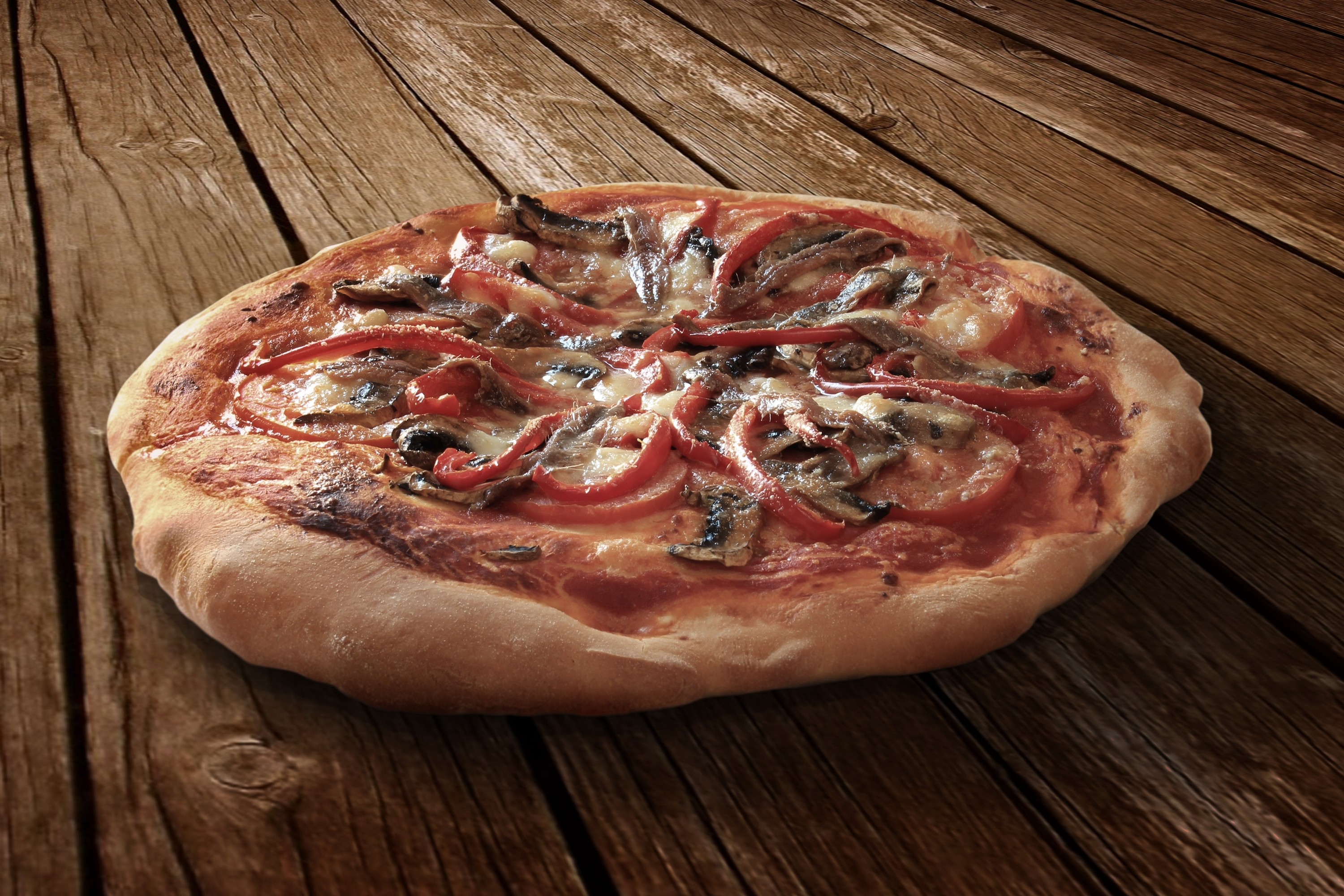 Pizza, Prosciutto crudo, Legno, 2K, sfondo Windows 11