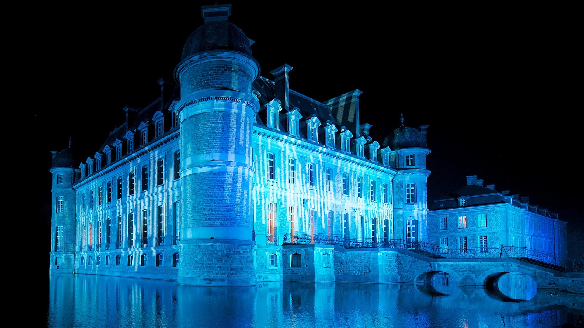 Castello, Notte, Illuminazione blu, Riflesso, 1920x1080, immagine di sfondo