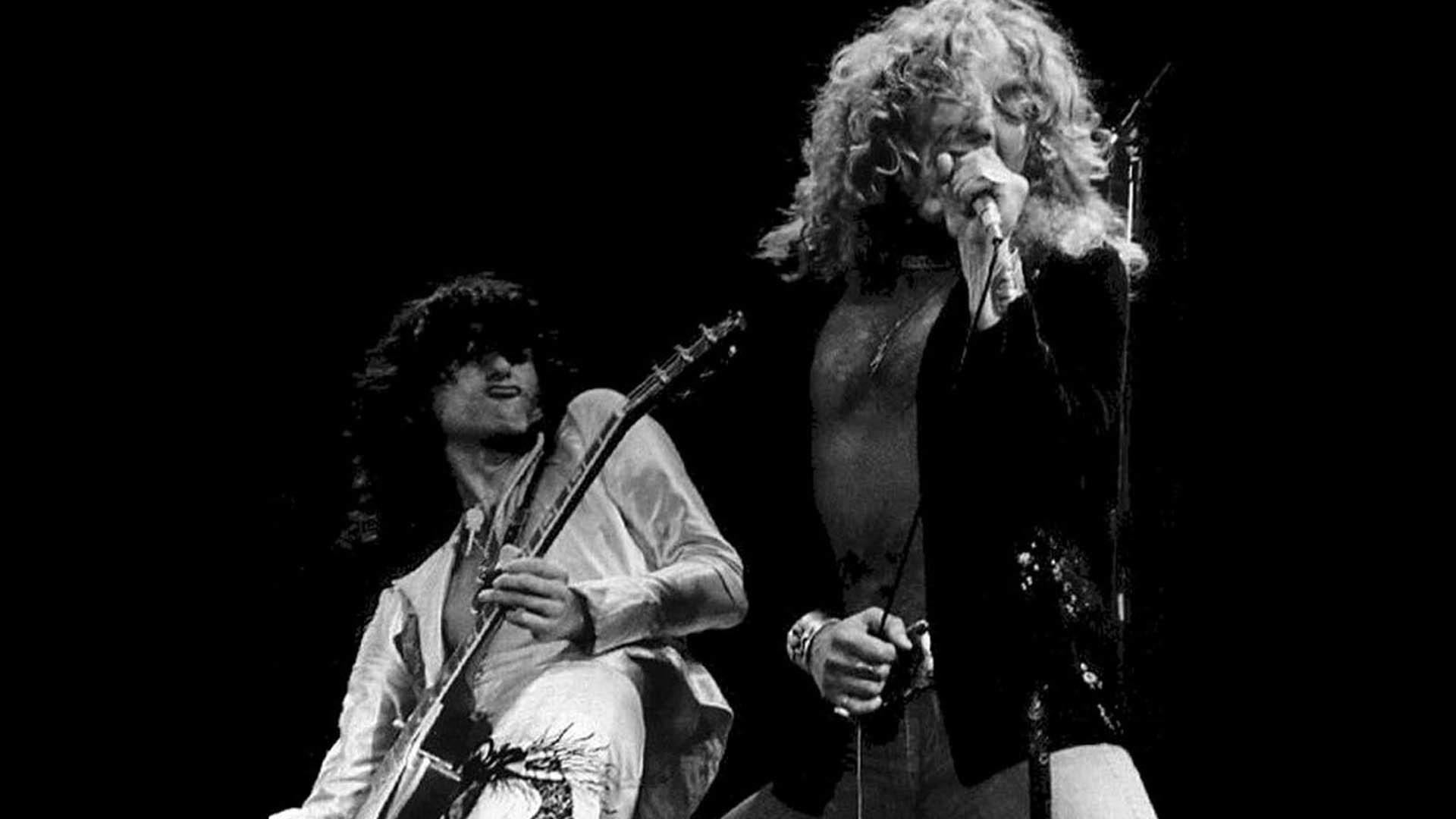 Jimmy Page, Robert Plant, Led Zeppelin, Concerto, Bianco e nero, sfondo widescreen Full HD