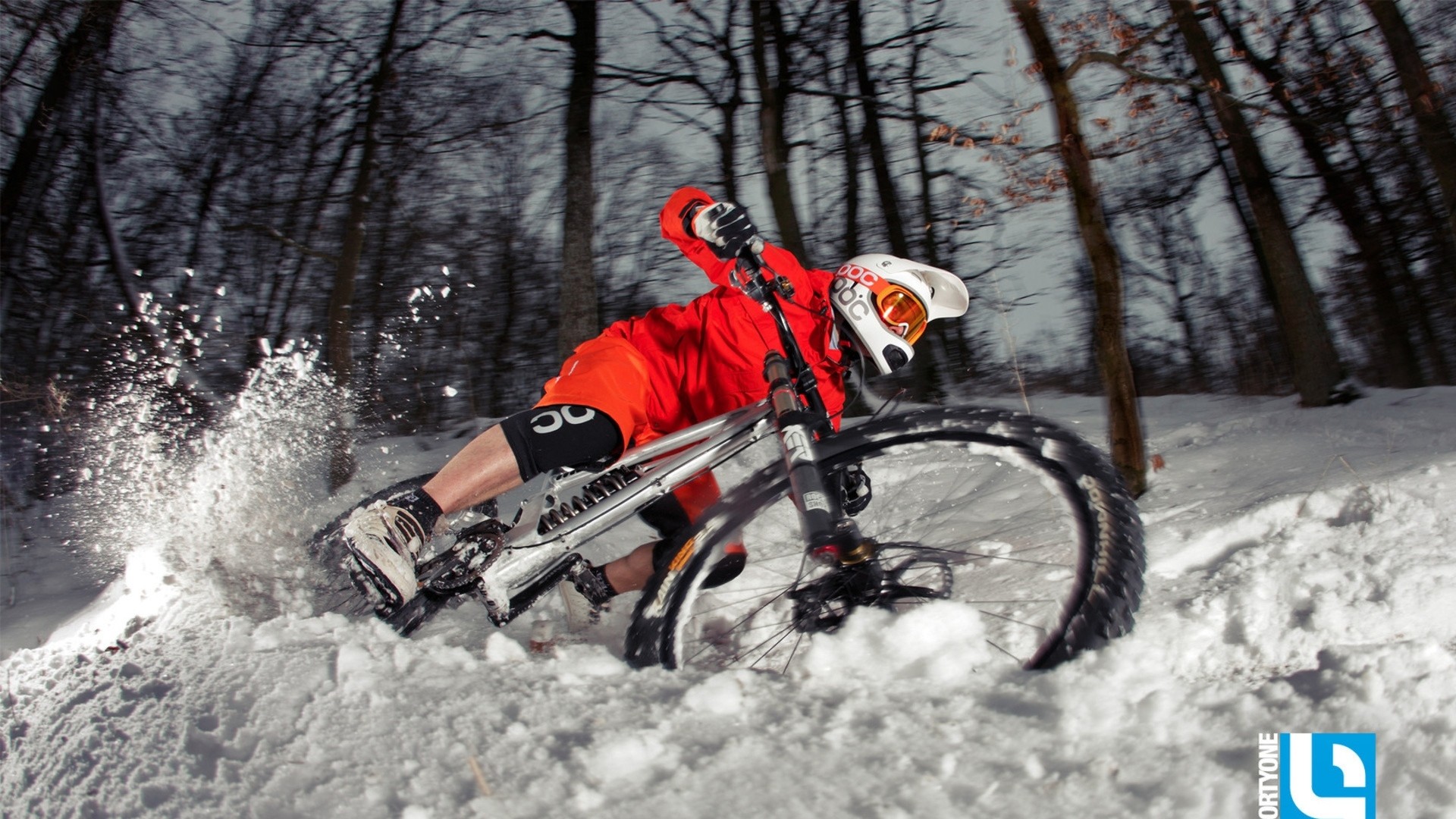 Mountain bike, Neve, Curva, Bosco invernale, 16:9 Full HD, sfondo widescreen
