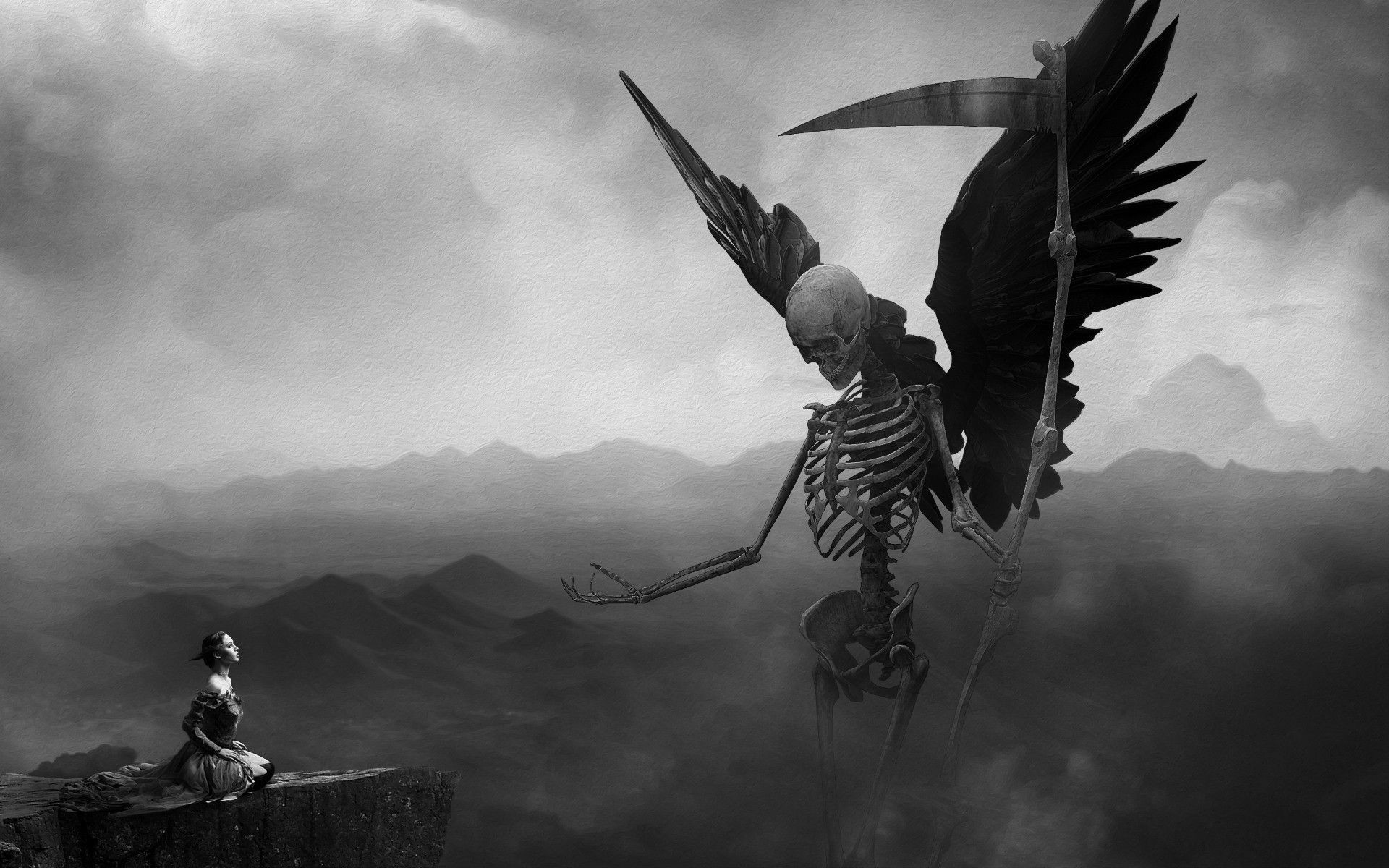 Angelo della morte, Scheletro alato, Falce, Bambina, 16:10 Full HD, wallpaper widescreen