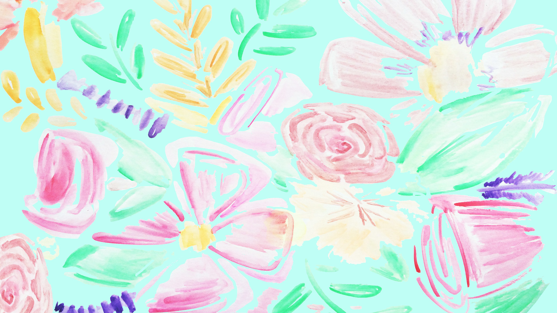 Fiori, Pennellate, Acquerello, Verde menta, Rosa, 1920x1080, immagine di sfondo