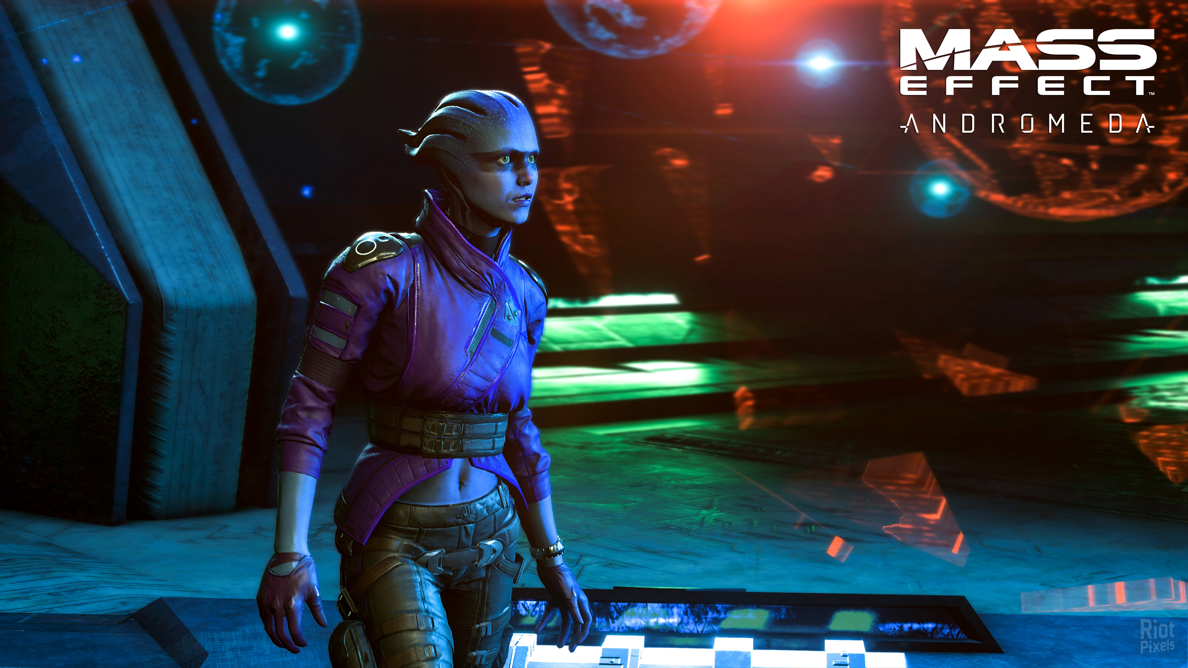 Peebee, Mass Effect: Andromeda, Asari, Luci verdi, Logo, 16:9 4K, sfondo widescreen