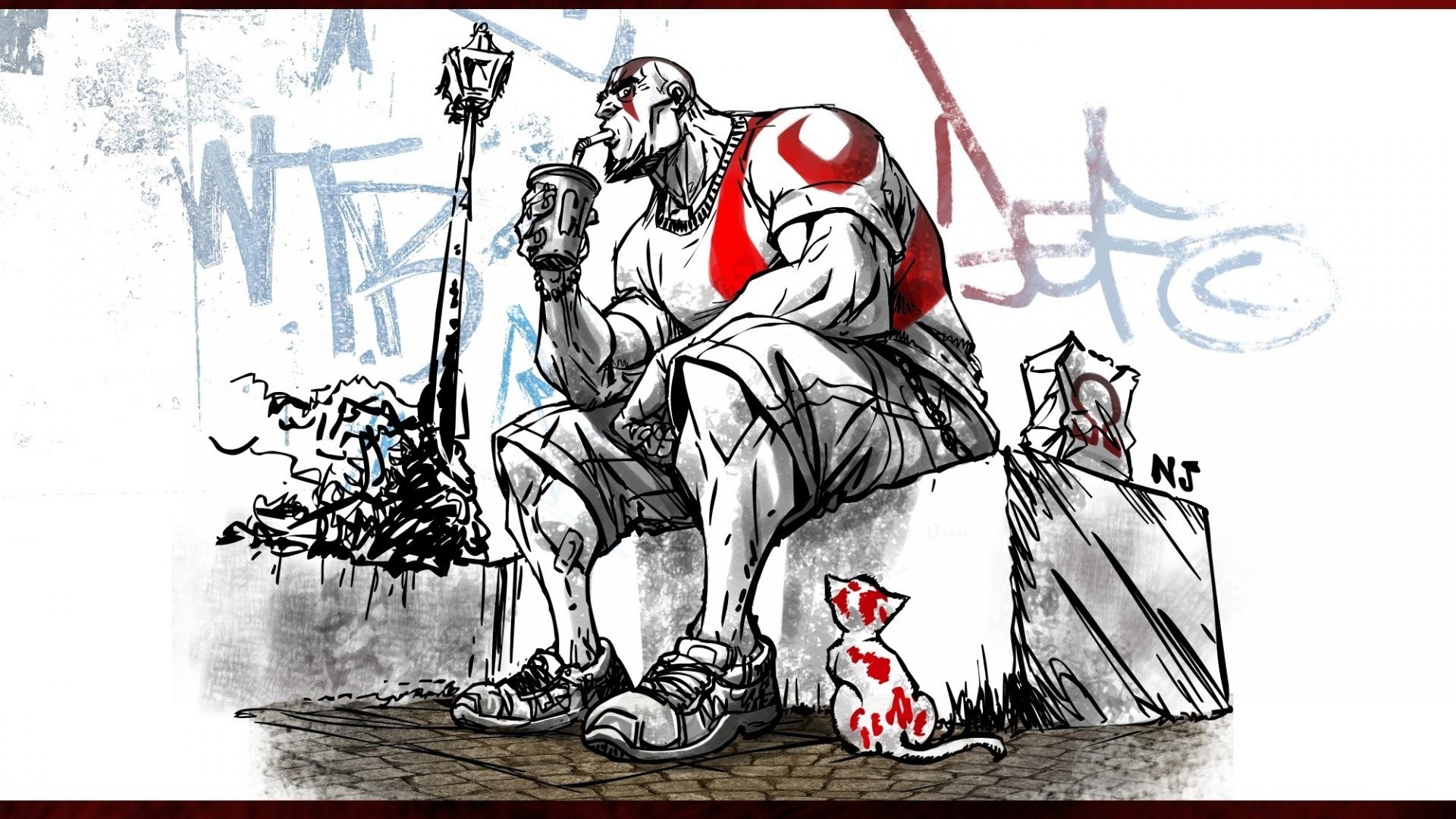 Kratos, Caricatura, Disegno, Graffiti, Panchina, 1920x1080, wallpaper desktop