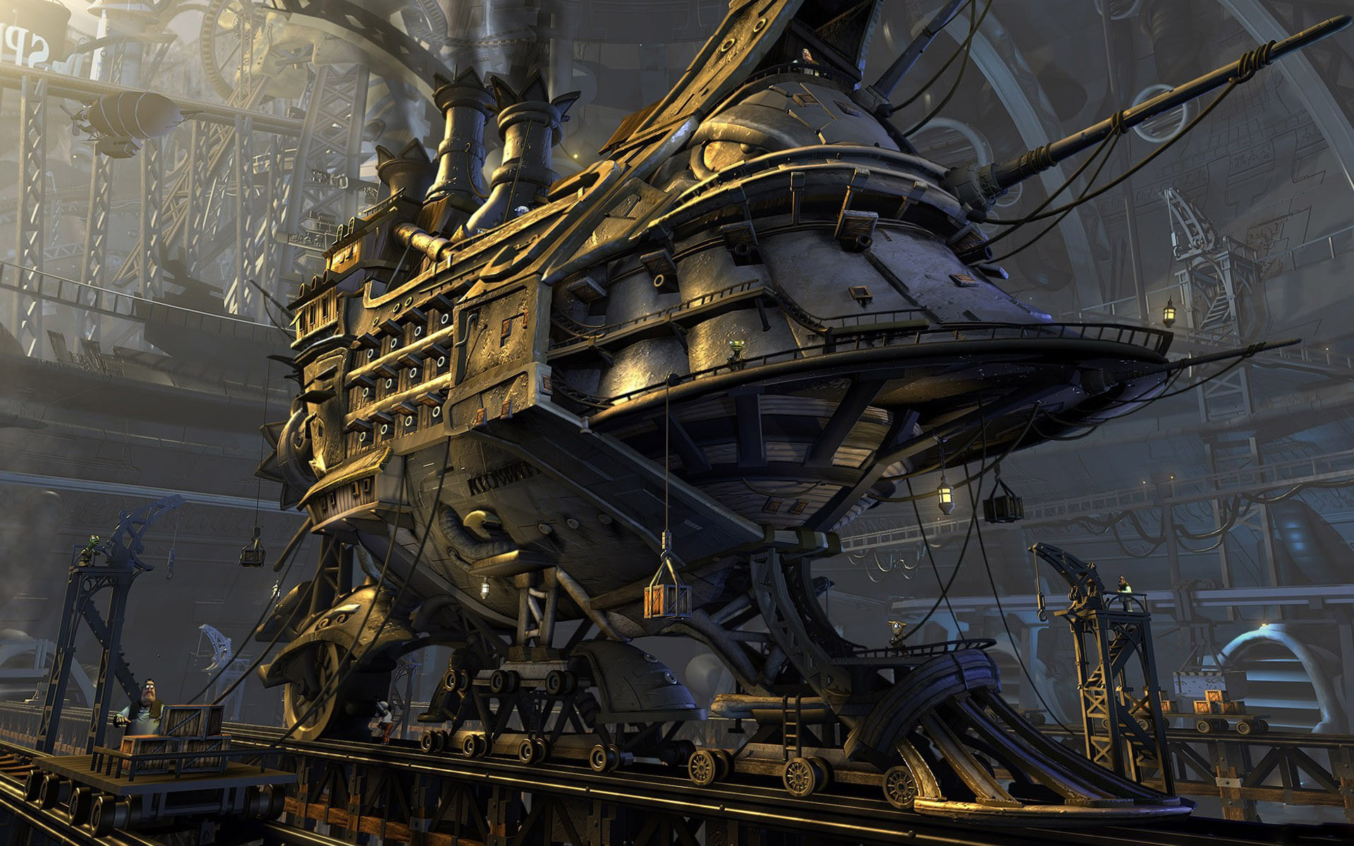 Nave volante, Hangar, Ottone, Steampunk, 1920x1200, sfondo per PC