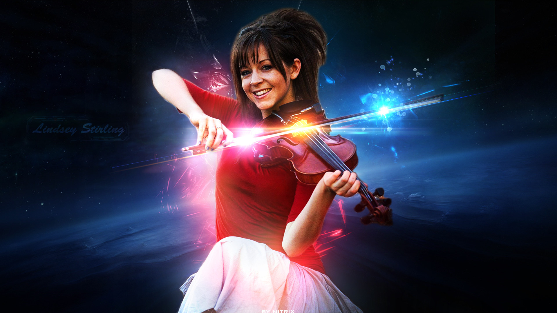 Lindsey Stirling, Violino, Effetti luminosi, Blu, 16:9 Full HD, wallpaper widescreen