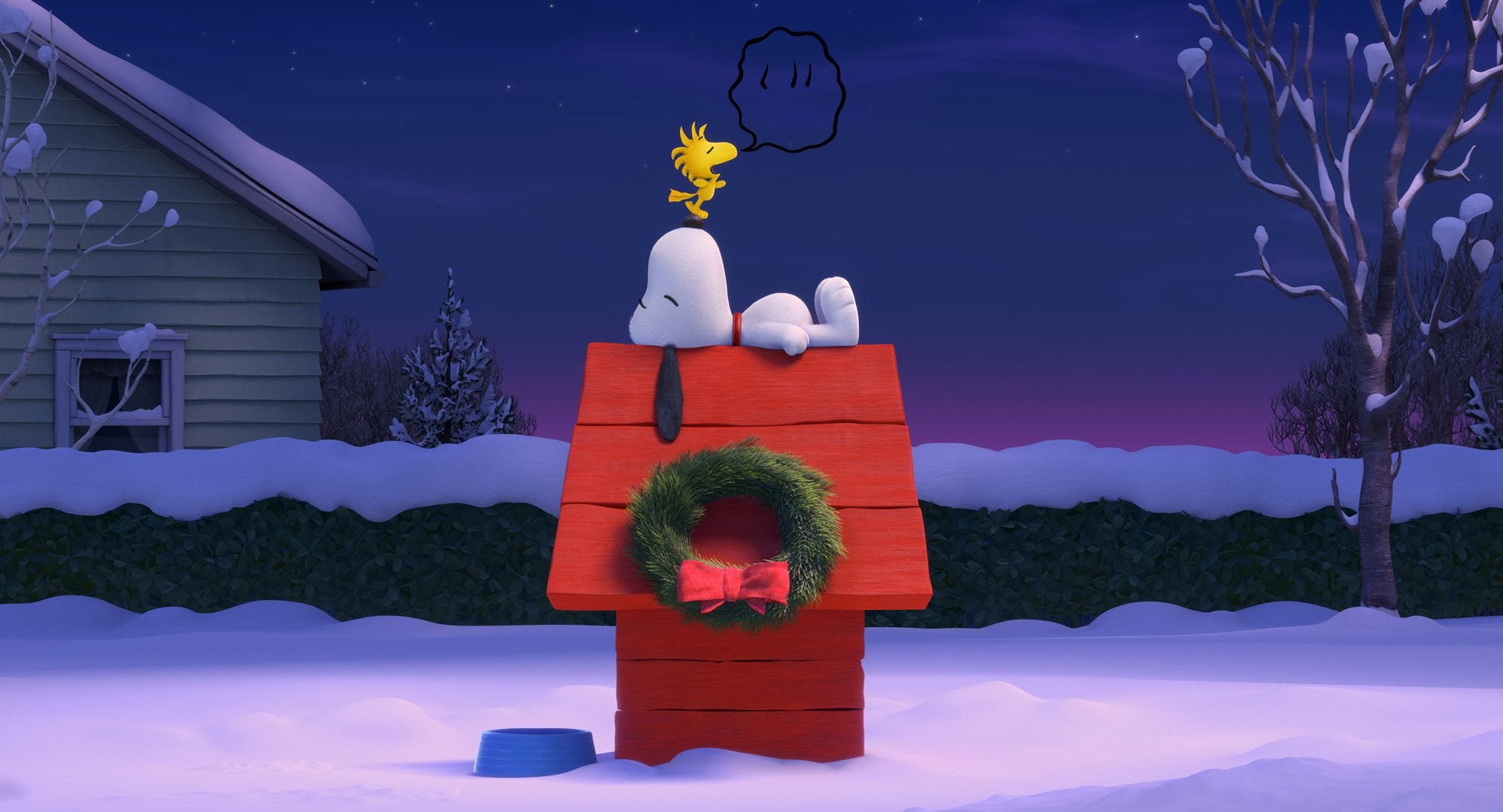 Snoopy, Woodstock, Ghirlanda, Notte d'inverno, Full HD, wallpaper desktop