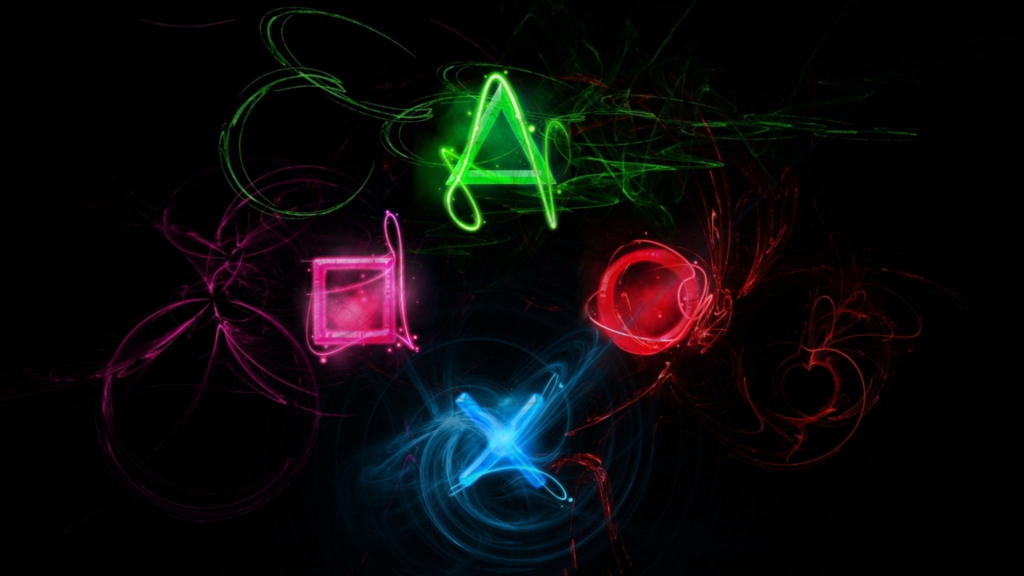PlayStation, Simboli PlayStation, Neon, Sfondo nero, Full HD, wallpaper per portatile