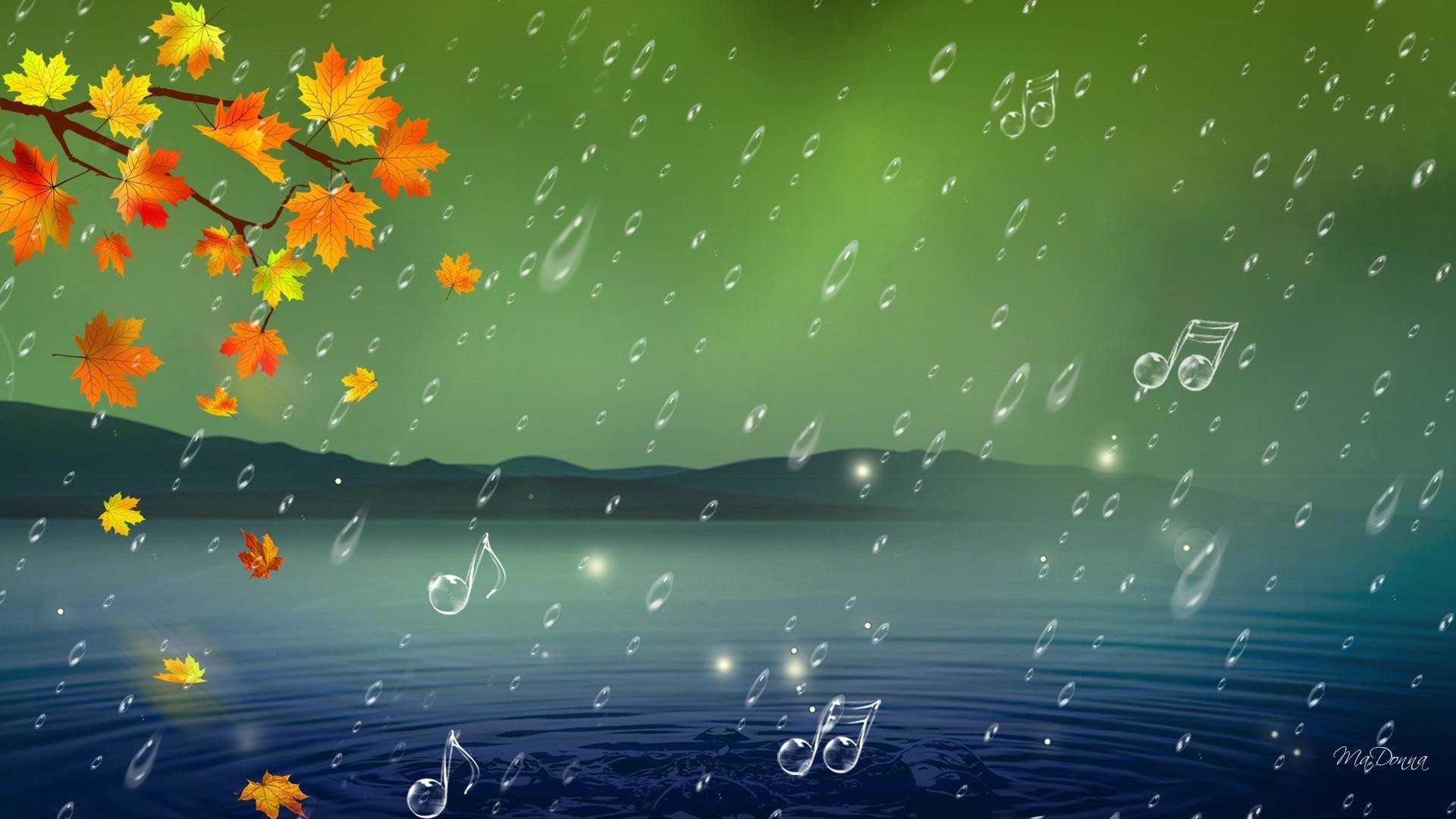 Note musicali, Foglie autunnali, Lago, Aurora, Autunno, 16:9 Full HD, sfondo widescreen