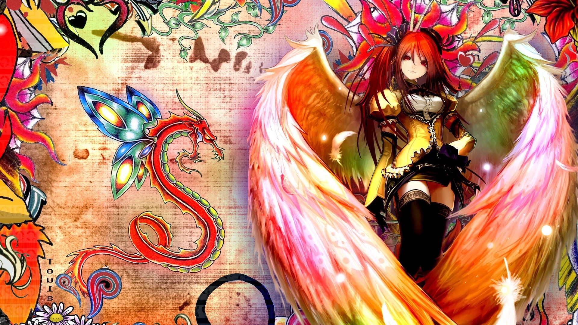 Ragazza anime, Ali colorate, Drago, Farfalla, Arte psichedelica, sfondo widescreen Full HD