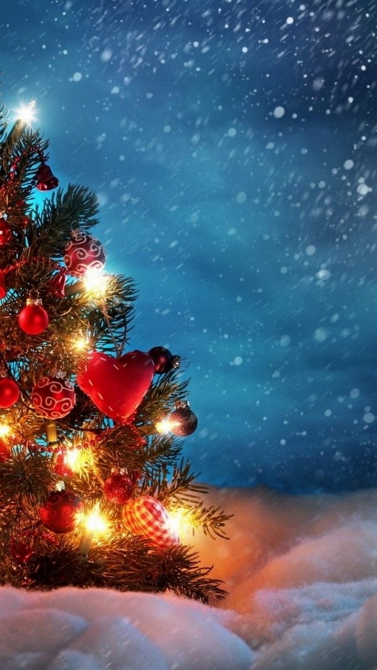 Albero di Natale, Natale, Luci, Neve, immagine di sfondo iPhone 6