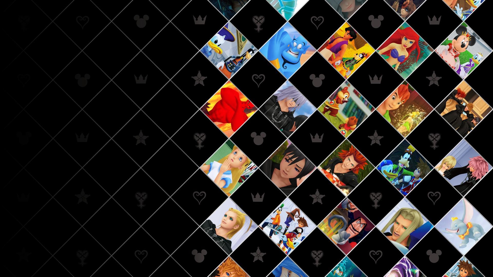 Kingdom Hearts, Personaggi Disney, Mosaico, Rombi, Sfondo nero, 16:9 Full HD, wallpaper widescreen