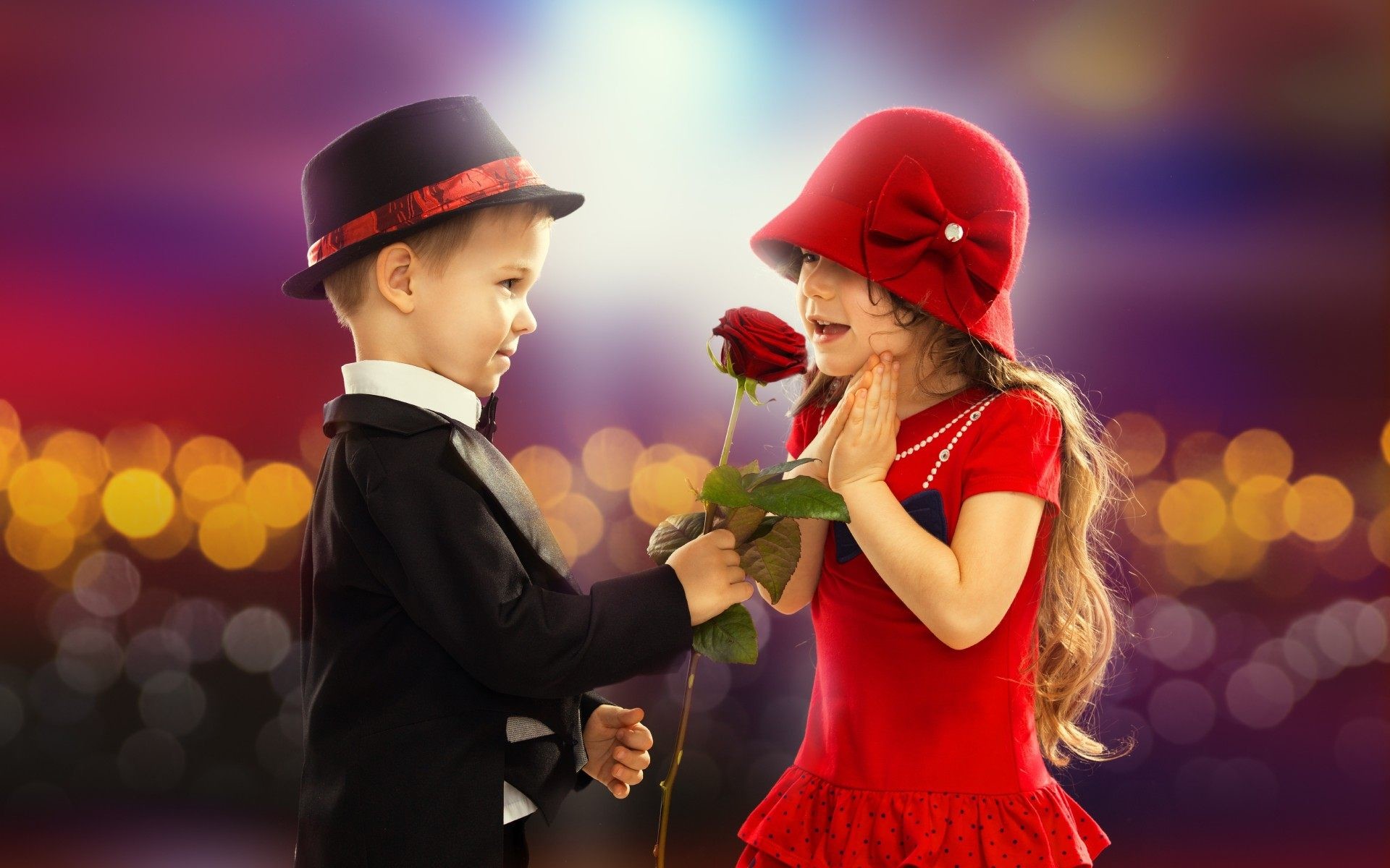 Bambini, Rosa rossa, Cappello rosso, Bokeh, Romantico, Full HD, wallpaper per computer
