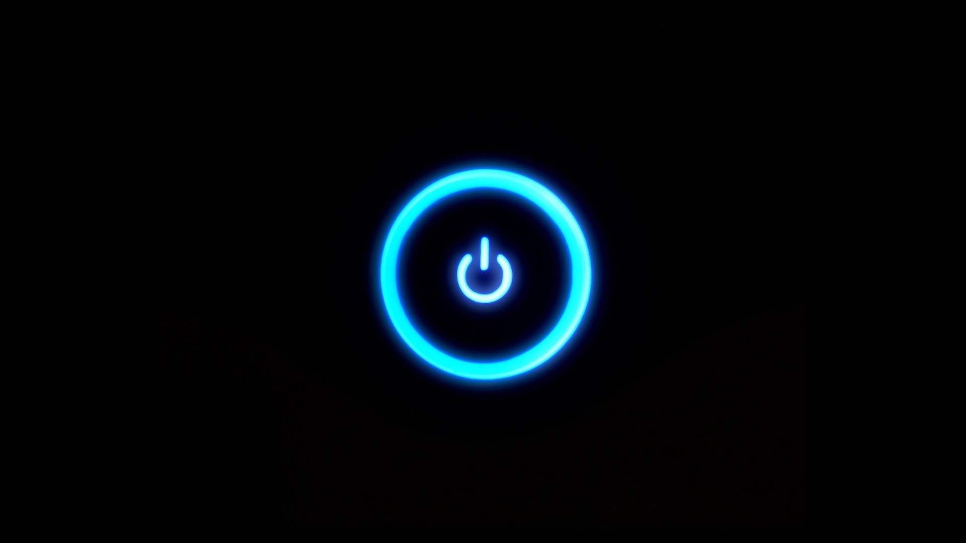 Pulsante di accensione, Neon azzurro, Sfondo nero, Minimalismo, 16:9 Full HD, wallpaper widescreen