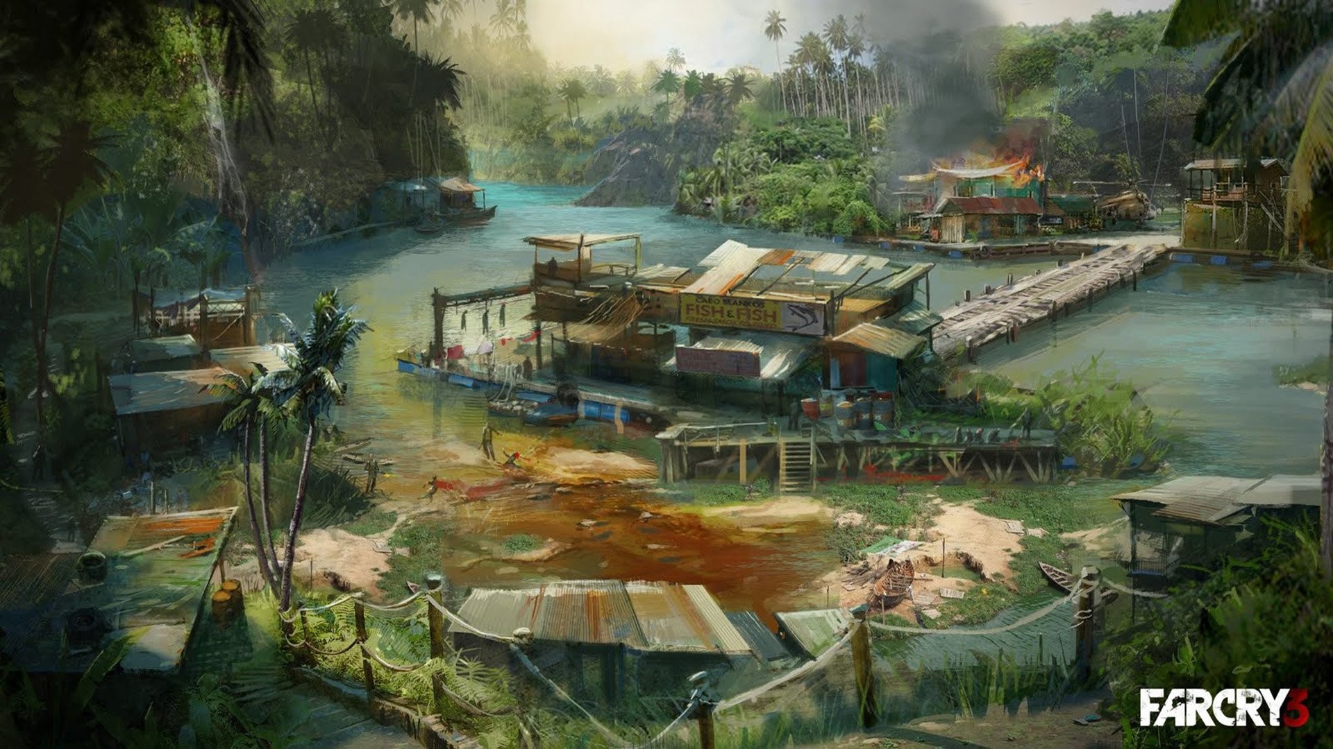Far Cry 3, Villaggio, Fiume, Pontili, 1920x1080, immagine di sfondo