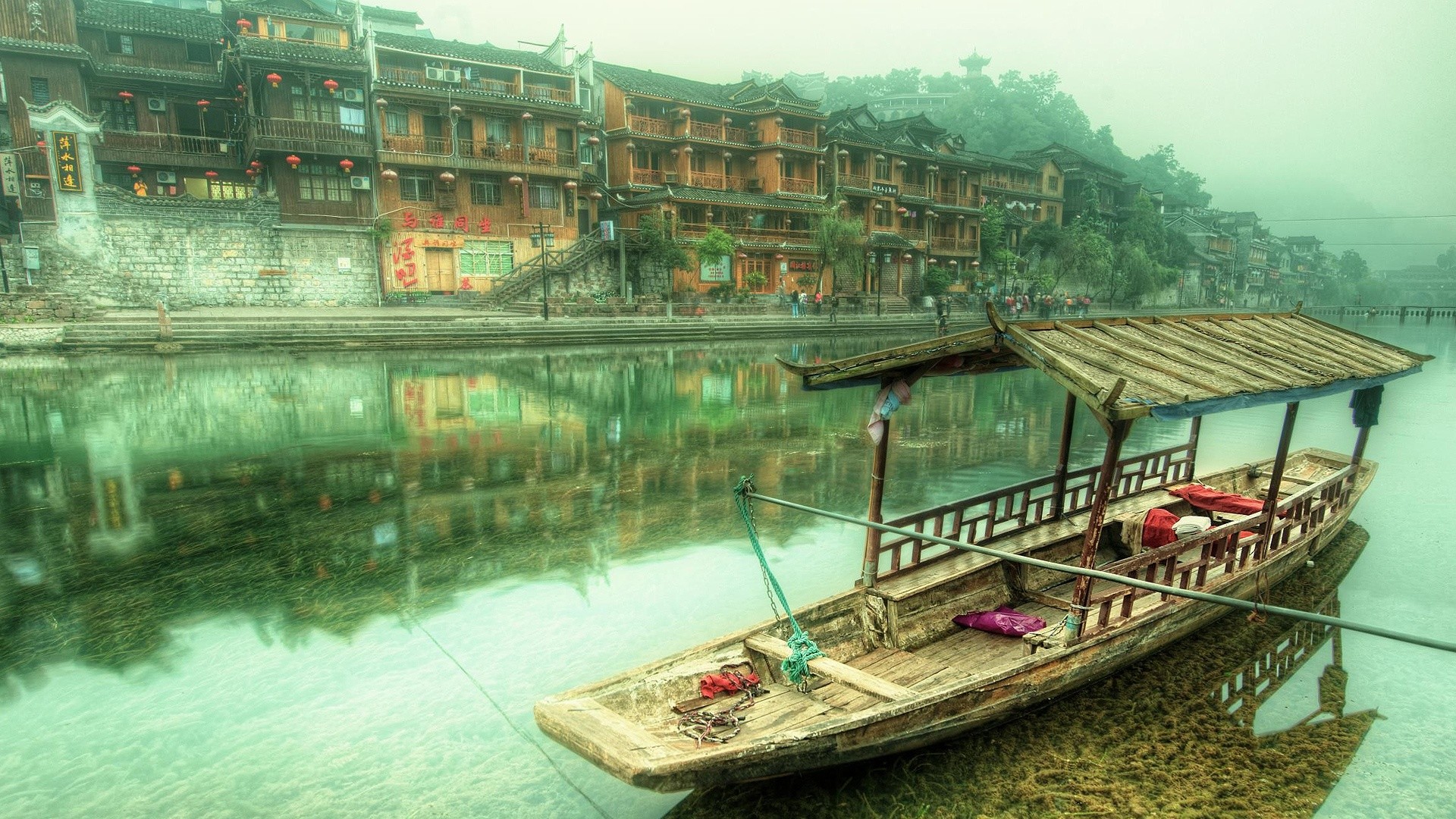 Fenghuang, Hunan, Cina, Barca, Fiume, Case su palafitte, Full HD, sfondo Windows 11