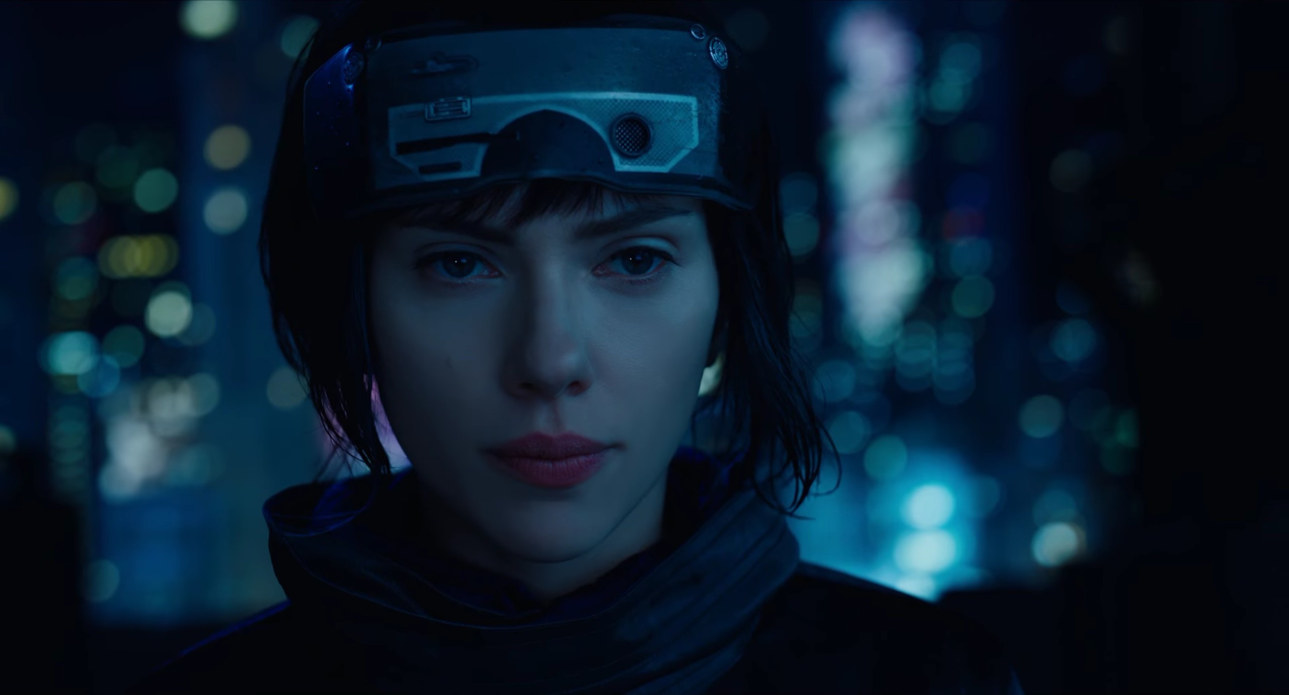 Scarlett Johansson, Ghost in the Shell (2017), Primo piano, Notte, sfondo 2K per computer