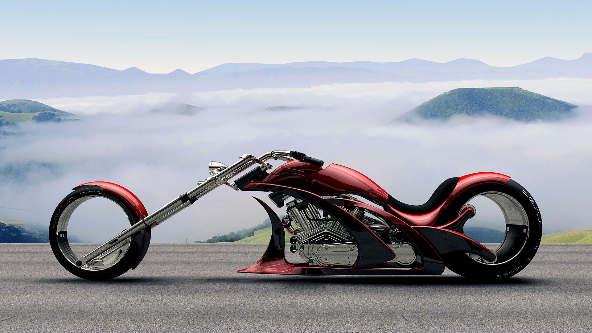 Chopper concept, Ruote senza mozzo, Rosso, Nebbia, 16:9 Full HD, sfondo widescreen