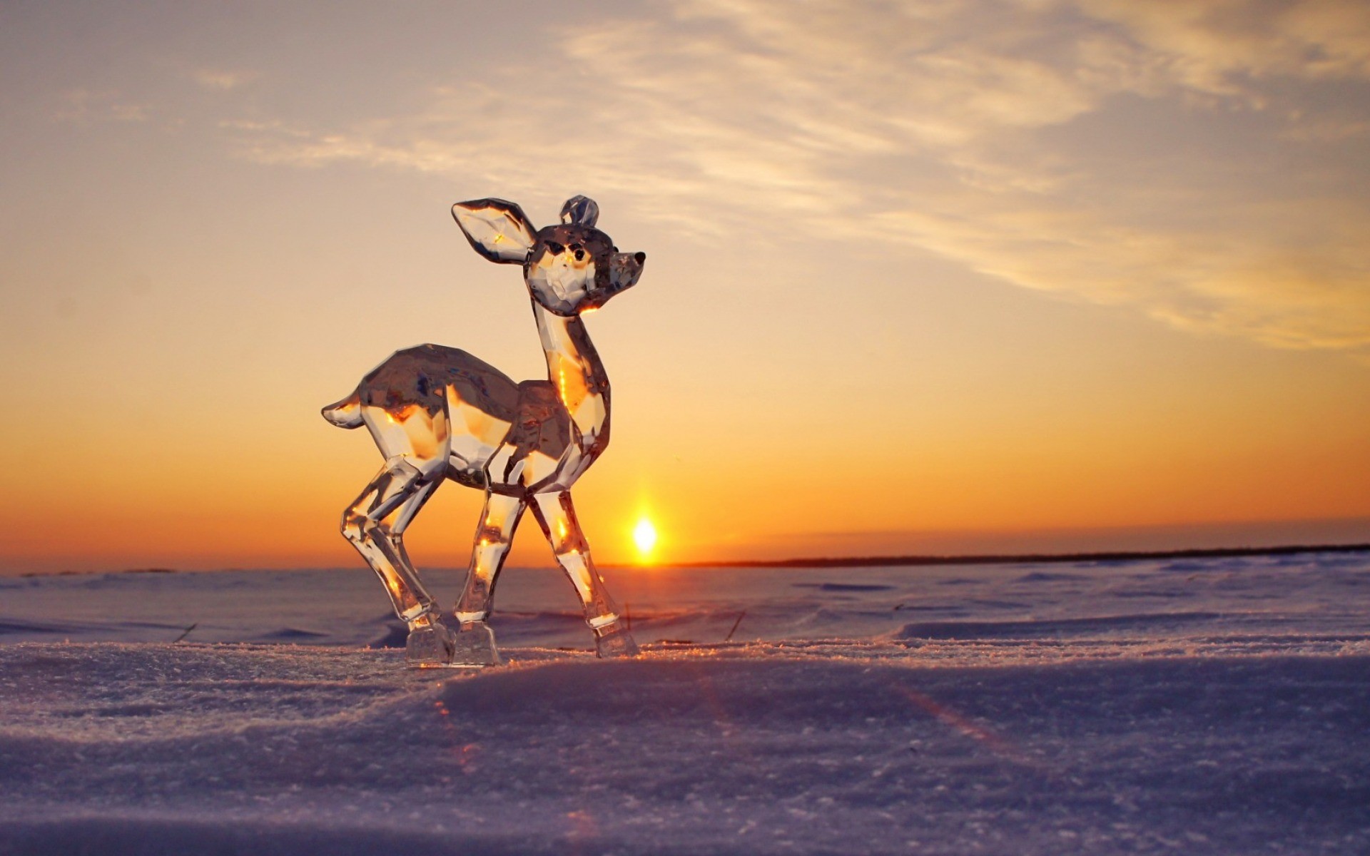 Cerbiatto di vetro, Scultura, Tramonto, Neve, 1920x1200, sfondo per PC