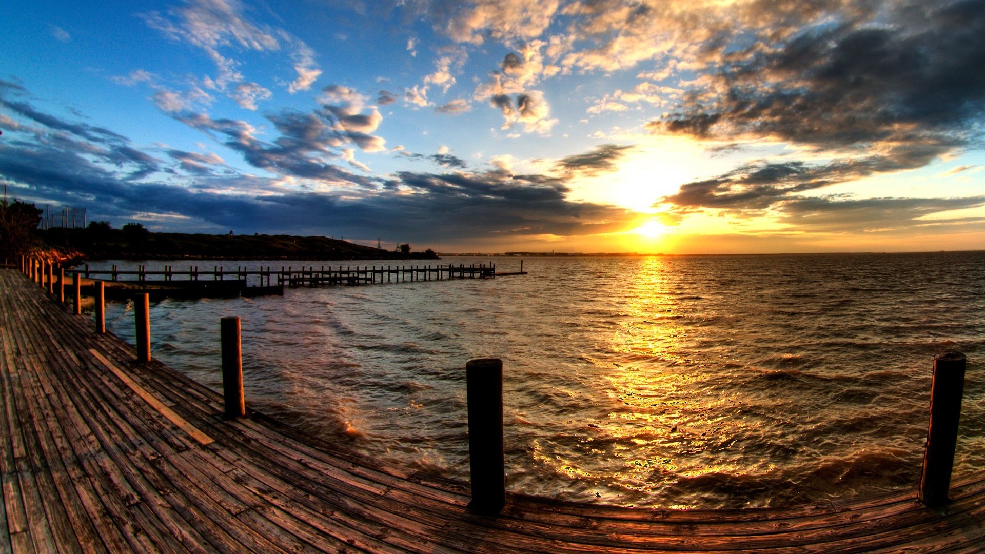 Pontile, Mare, Tramonto, Nuvole, Full HD, sfondo per PC