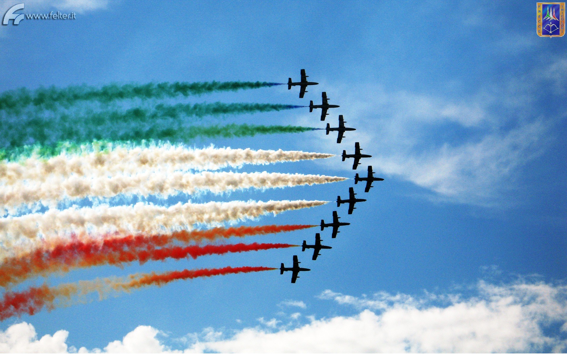 Frecce Tricolori, Pattuglia acrobatica, Tricolore, Aerei, Cielo azzurro, sfondo desktop Full HD