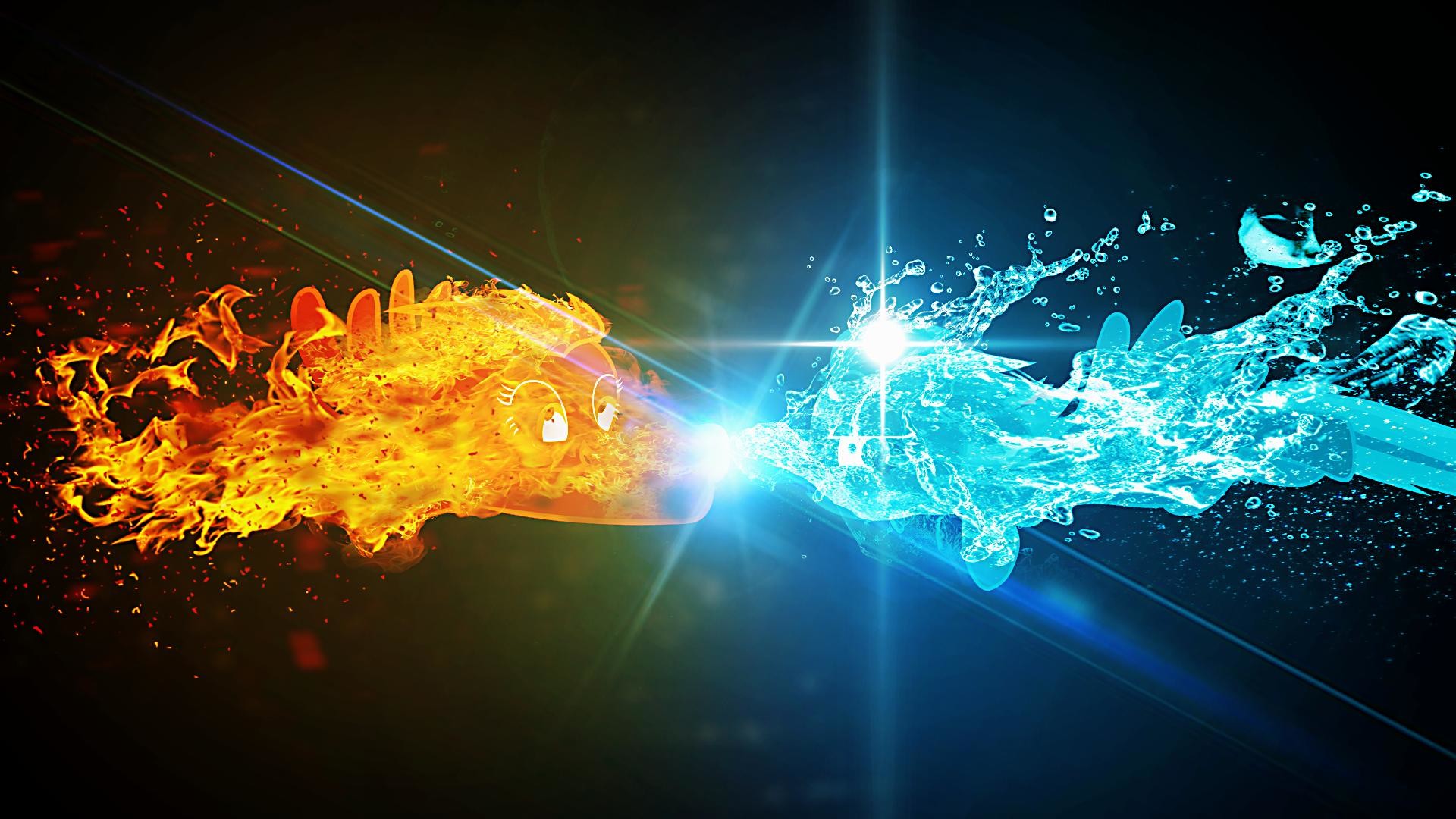 Fuoco e acqua, Schizzi, Fiamme, Blu e arancione, Arte digitale, Full HD 1080p, sfondo desktop