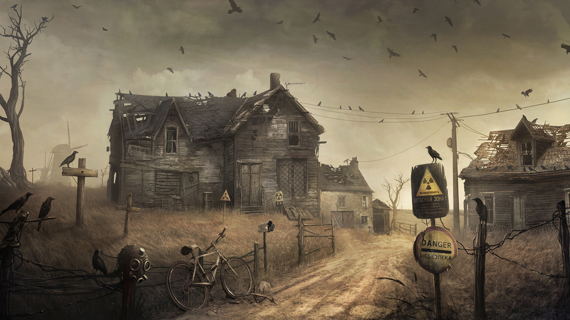 Innsmouth, Case abbandonate, Corvi, Seppia, 1920x1080, immagine di sfondo