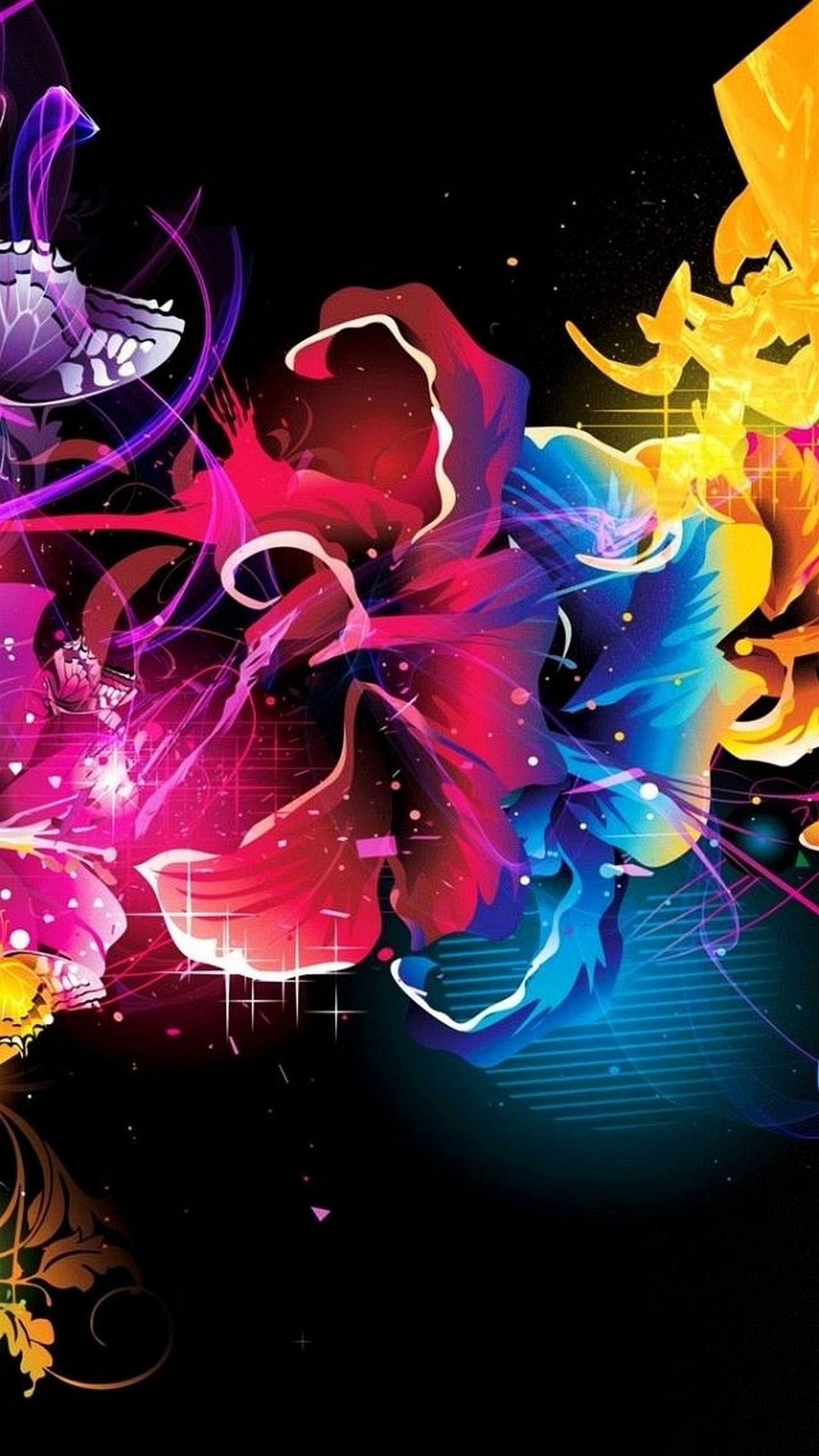 Fiori astratti, Colori vivaci, Sfondo nero, wallpaper LG G4
