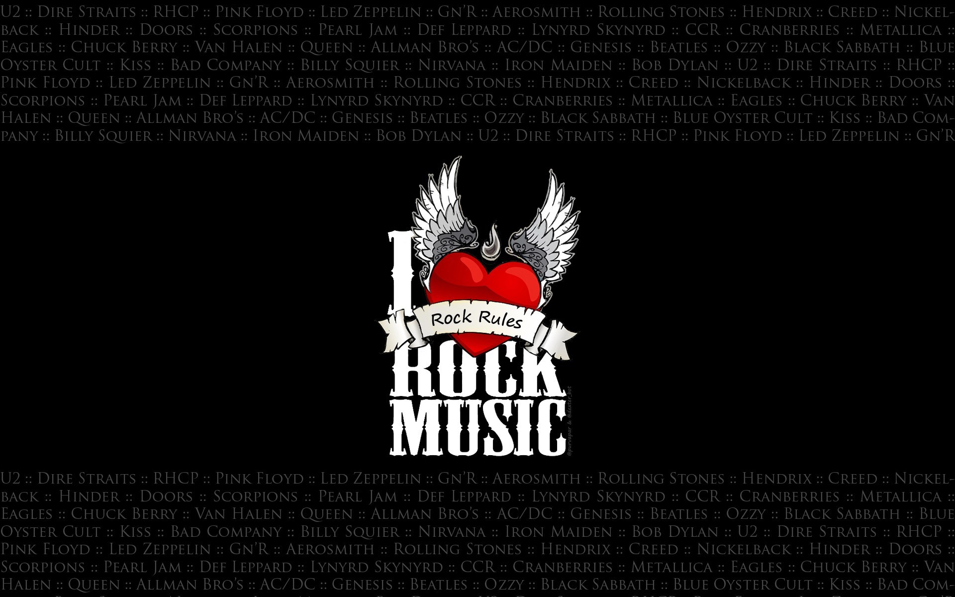 I Love Rock Music, Cuore alato, Band rock, Sfondo nero, 16:10 Full HD, wallpaper widescreen