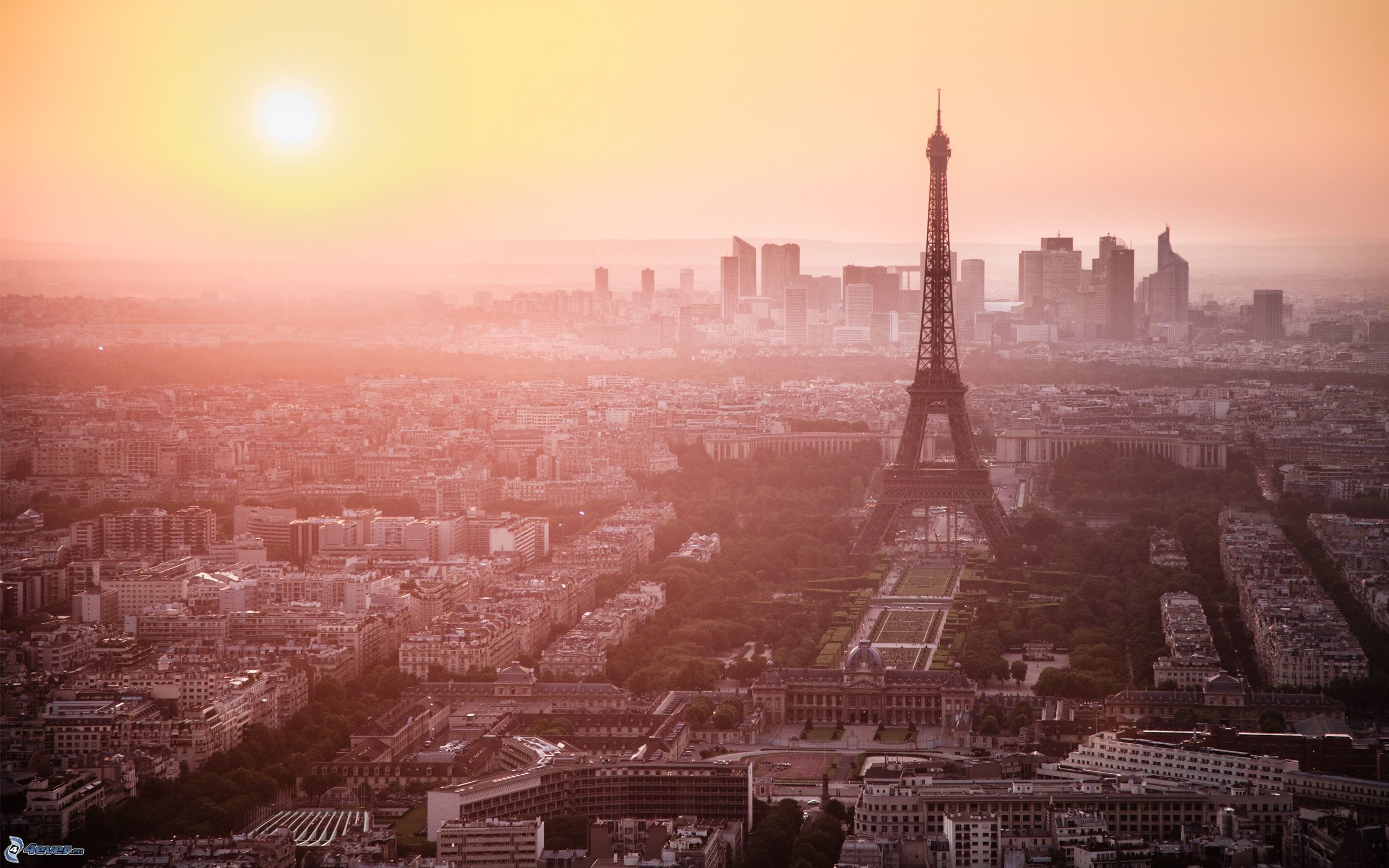 Torre Eiffel, La Défense, Parigi, Sole, Foschia, 2K, sfondo per PC e portatile