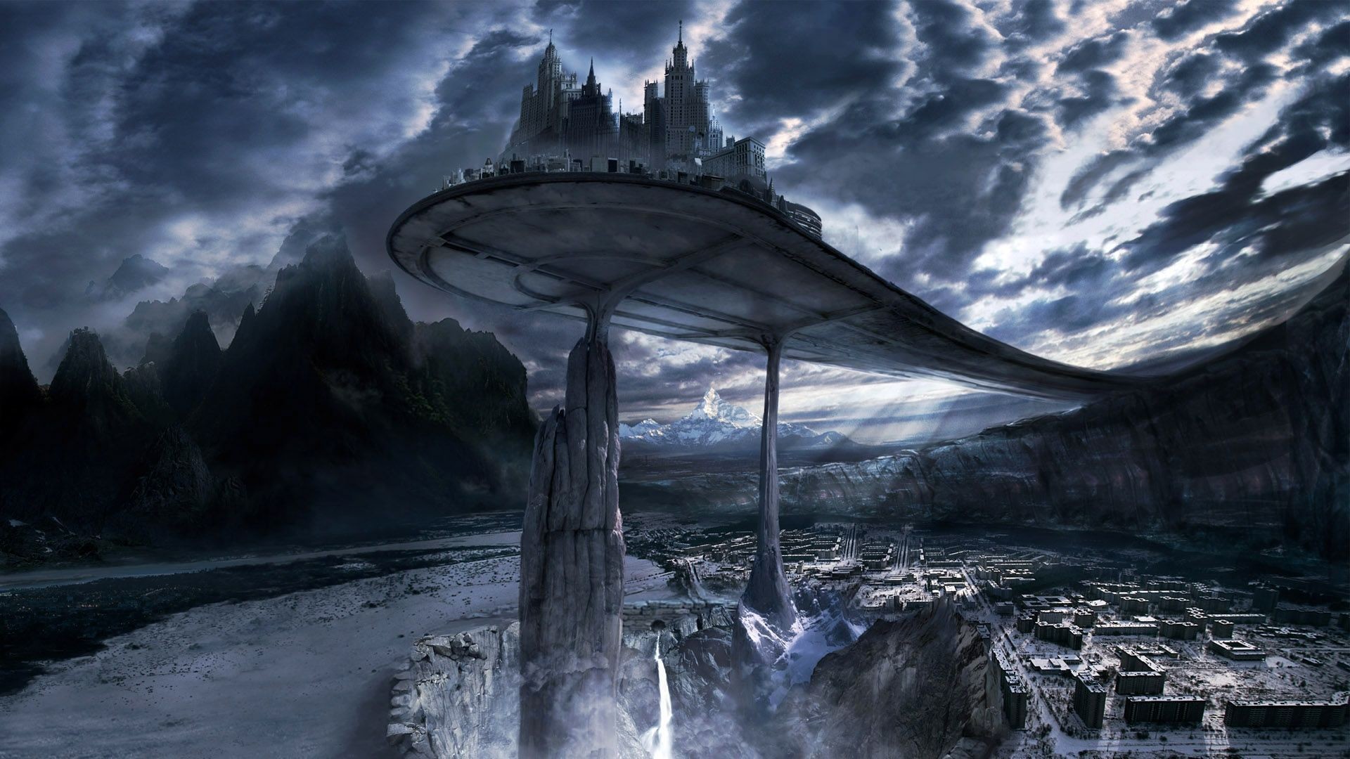 Città fantasy, Piattaforma, Nuvole, Arte digitale, Full HD 1080p, sfondo desktop