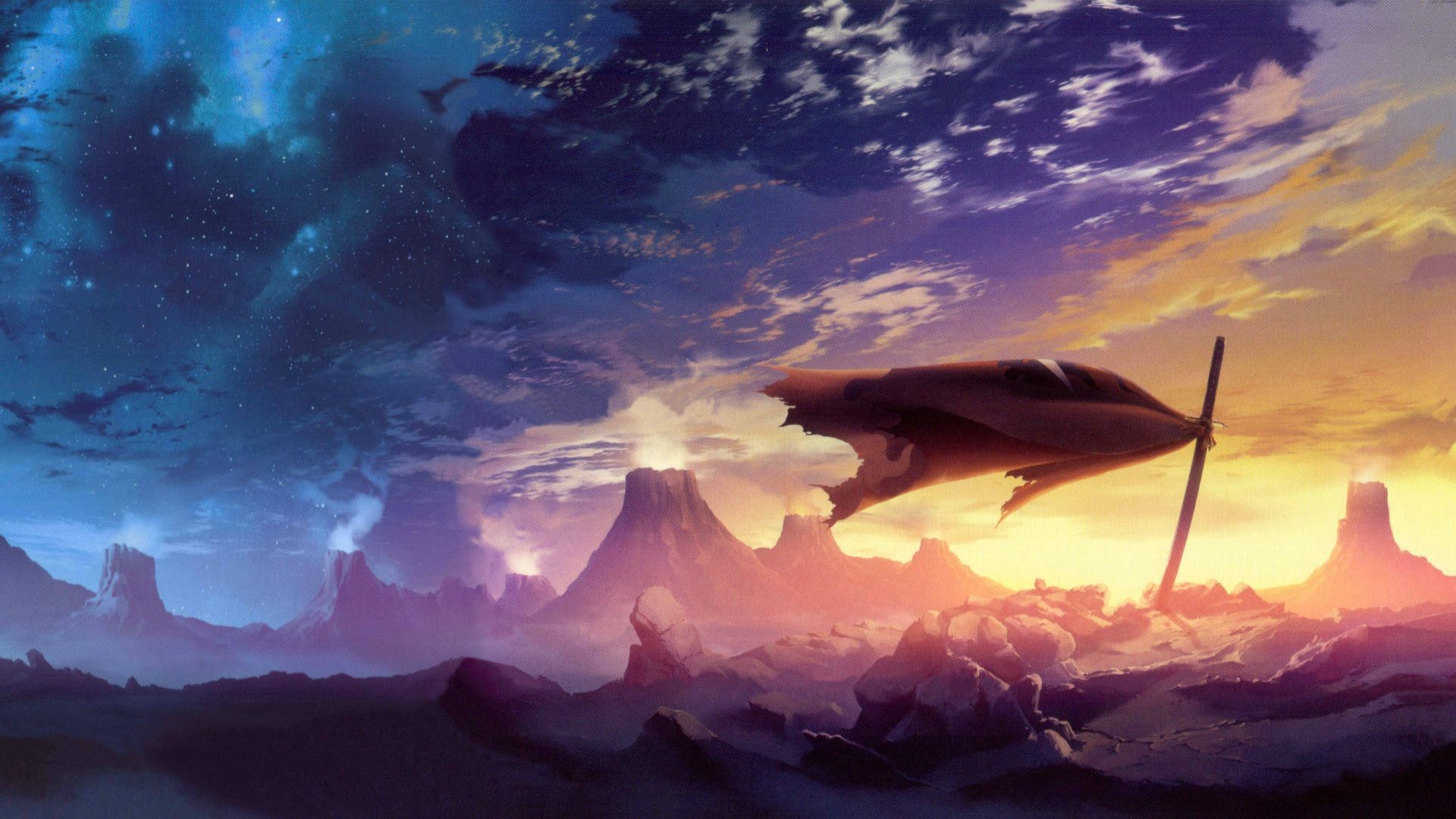 Paesaggio anime, Nave volante, Montagne, Tramonto, Full HD, sfondo Windows 11