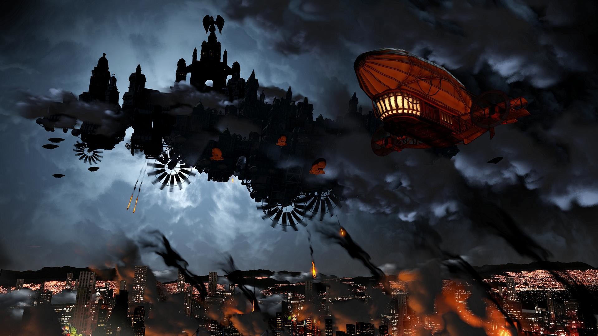 BioShock Infinite, Columbia, Dirigibile, Notte, Incendio, Full HD, sfondo desktop
