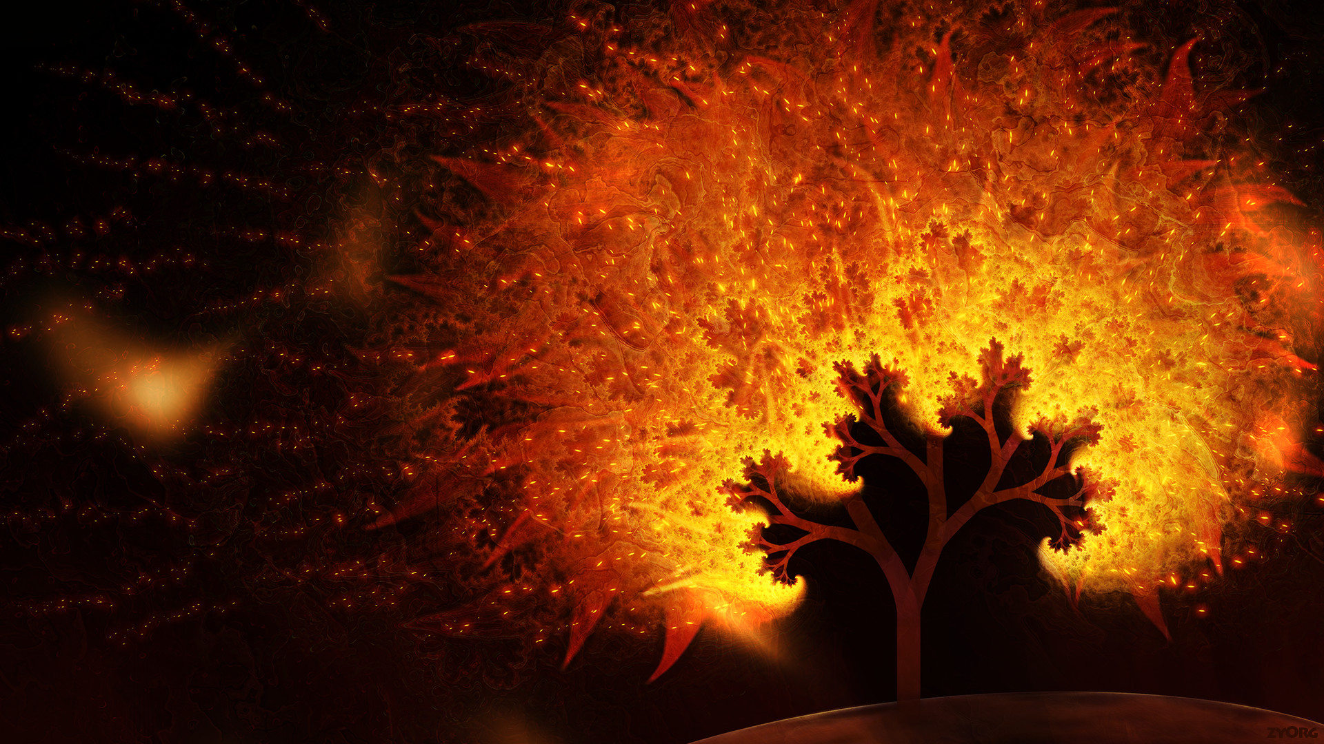 Albero frattale, Fuoco, Arte digitale, Arancione, Full HD, sfondo per PC e portatile
