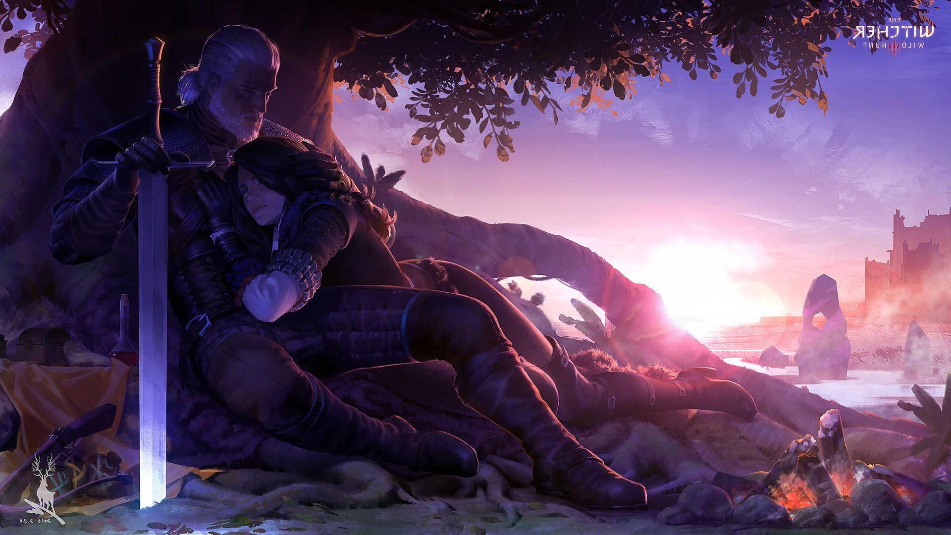 Geralt di Rivia, Ciri, Albero, Tramonto, Arte digitale, Full HD, wallpaper per PC