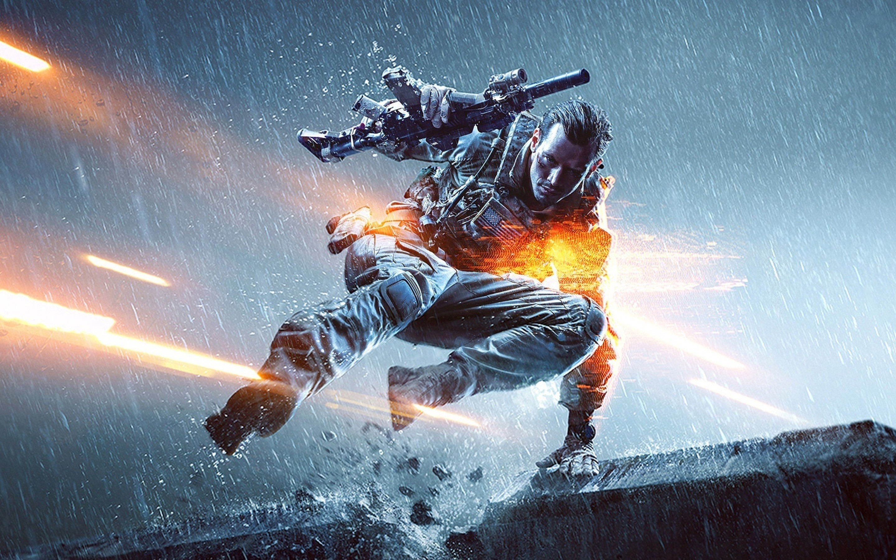 Battlefield 4, Soldato, Salto, Pioggia, Traccianti, 2880x1800, immagine di sfondo