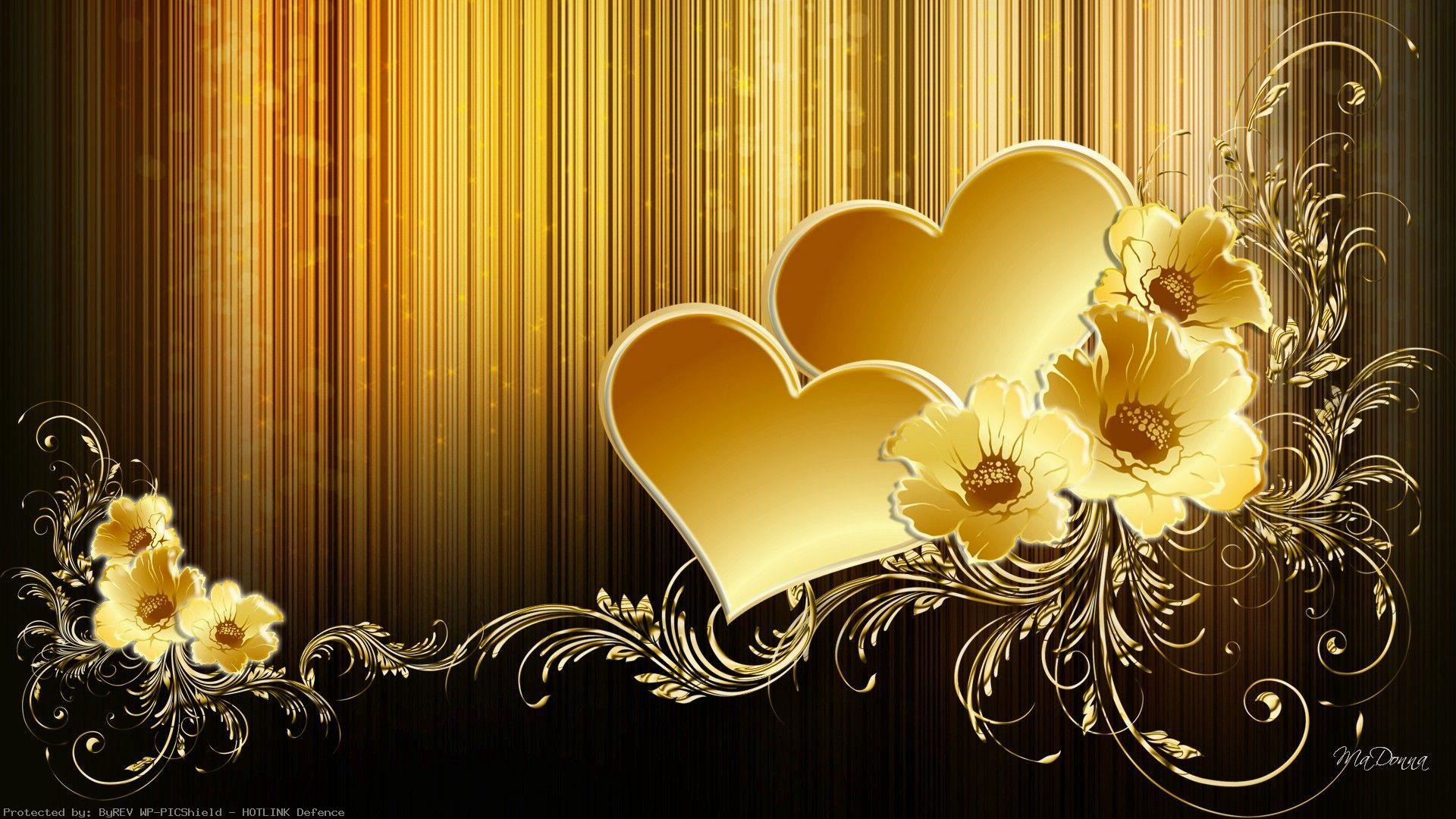 Cuori dorati, Fiori, Arabeschi, San Valentino, 16:9 Full HD, sfondo widescreen