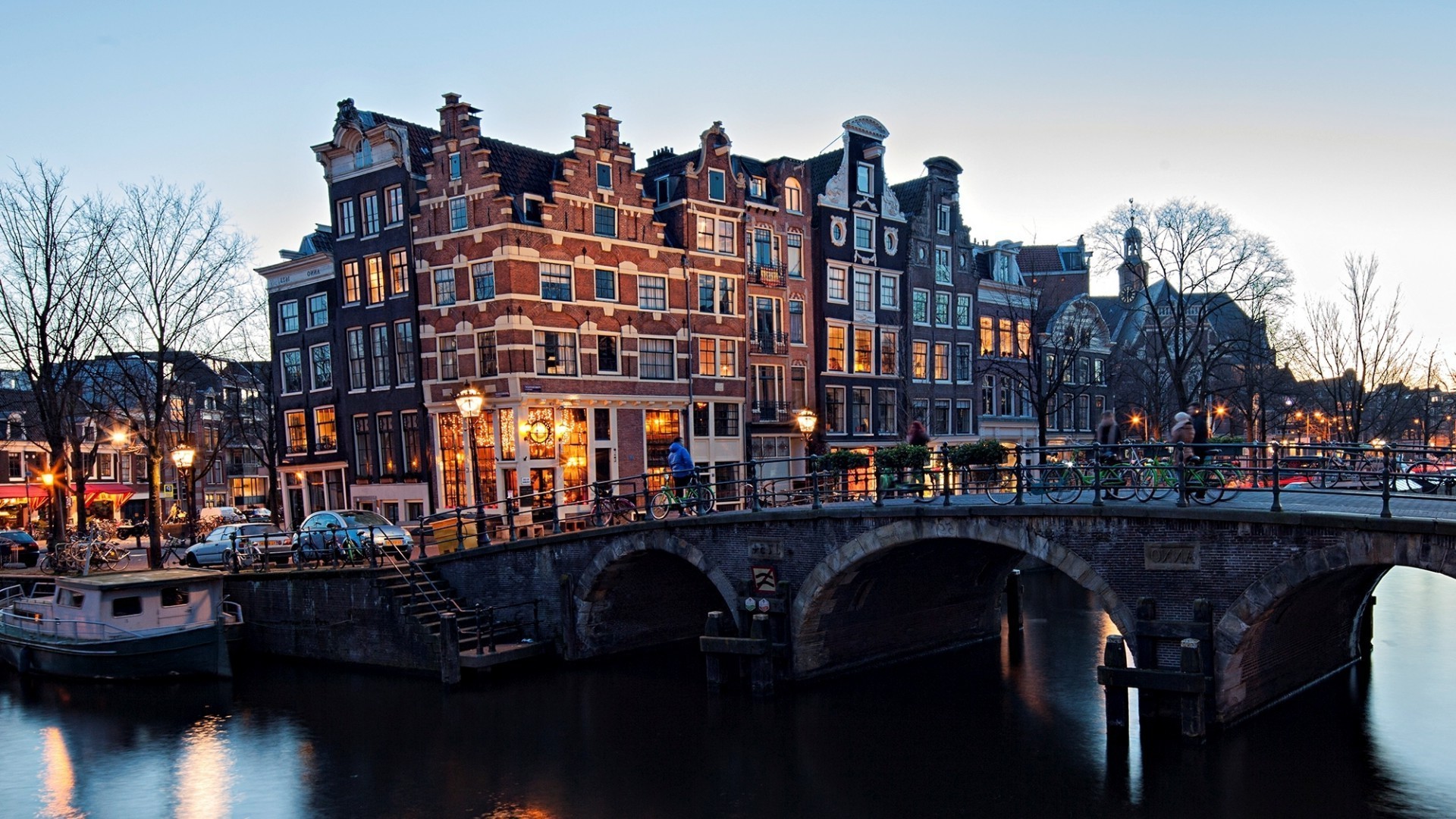 Amsterdam, Brouwersgracht, Ponte, Case sul canale, Sera, Full HD, sfondo per PC e portatile