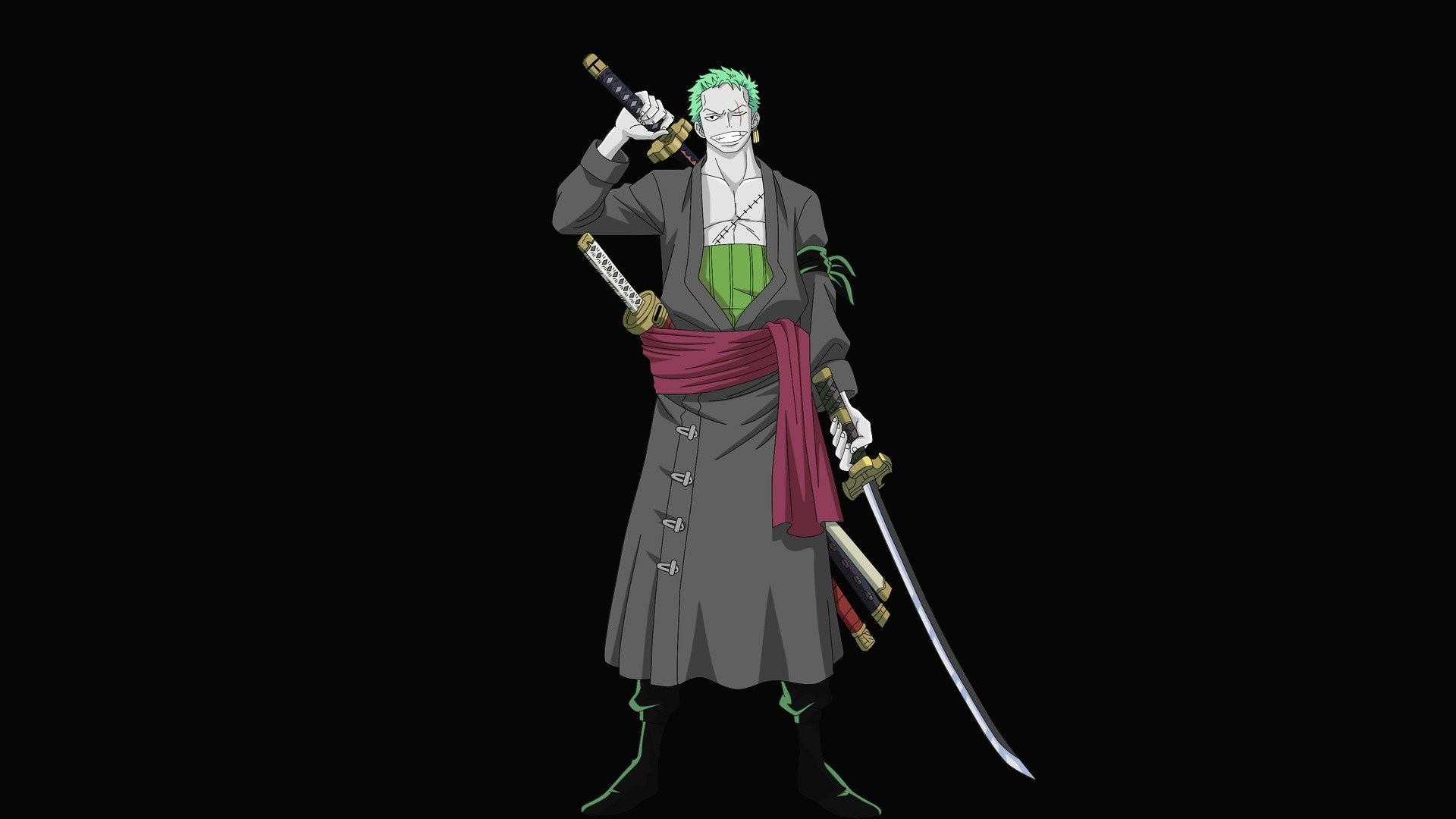 Roronoa Zoro, One Piece, Katane, Kimono, Sfondo nero, 16:9 Full HD, wallpaper widescreen