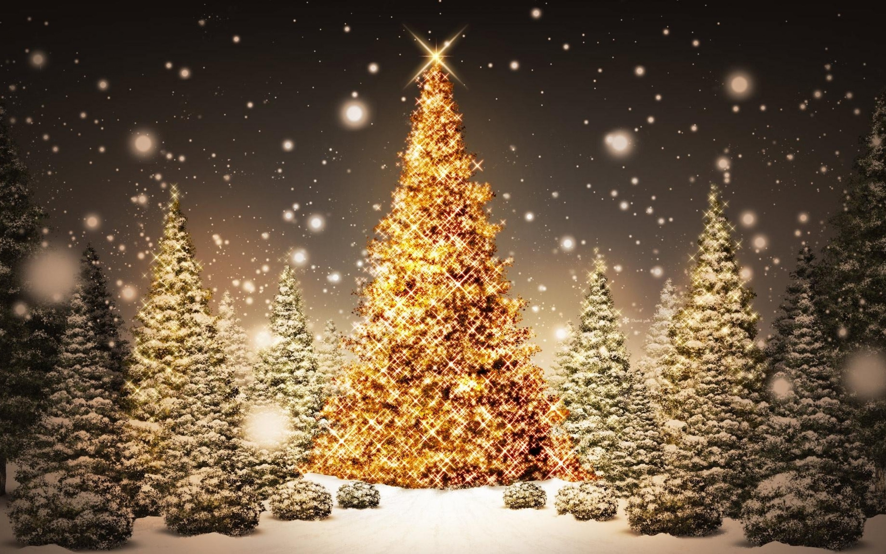 Natale, Albero di Natale dorato, Bosco di abeti, Nevicata, 2K, sfondo per PC