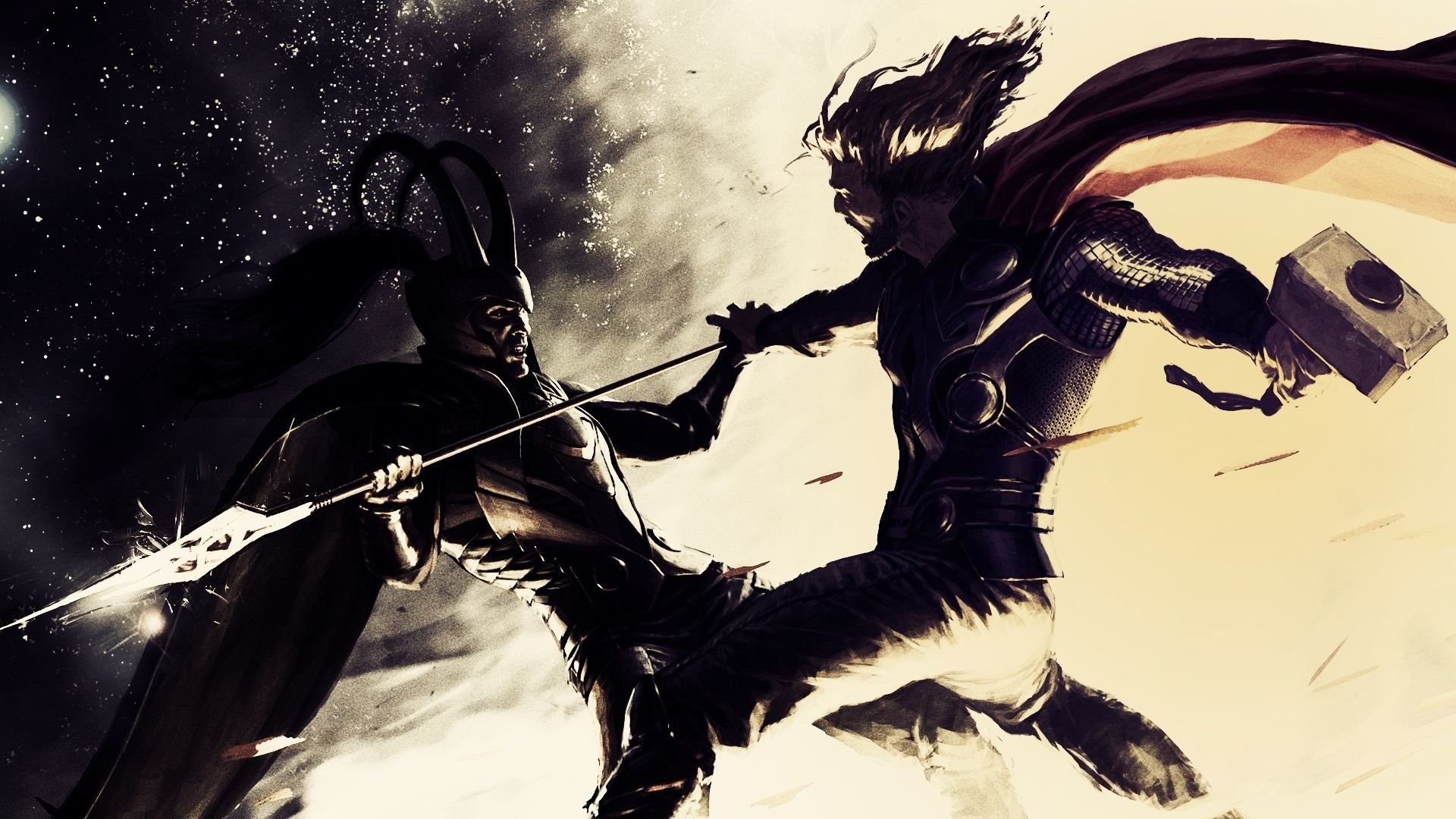 Thor, Loki, Marvel, Combattimento, Illustrazione, 1920x1080, sfondo per PC