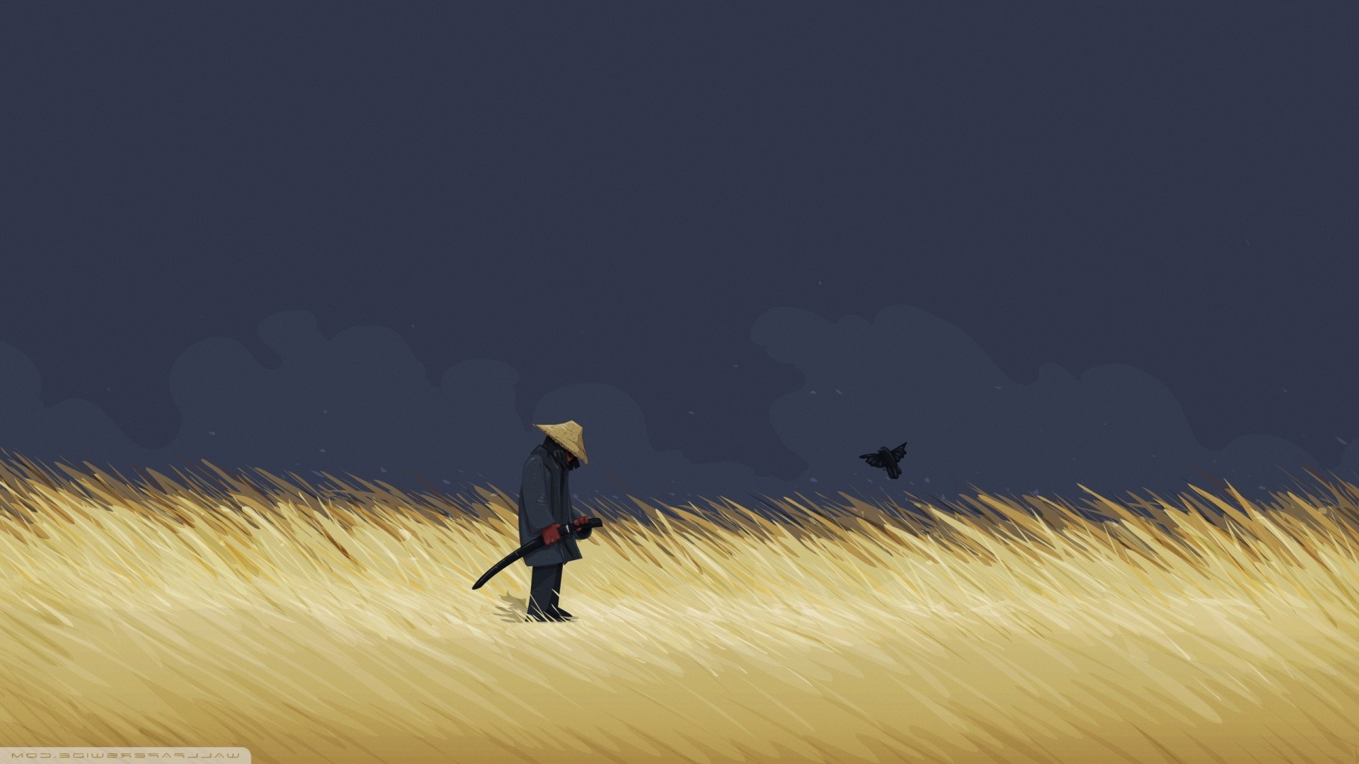 Samurai, Campo di grano, Cappello di paglia, Minimalismo, 16:9 Full HD, sfondo widescreen