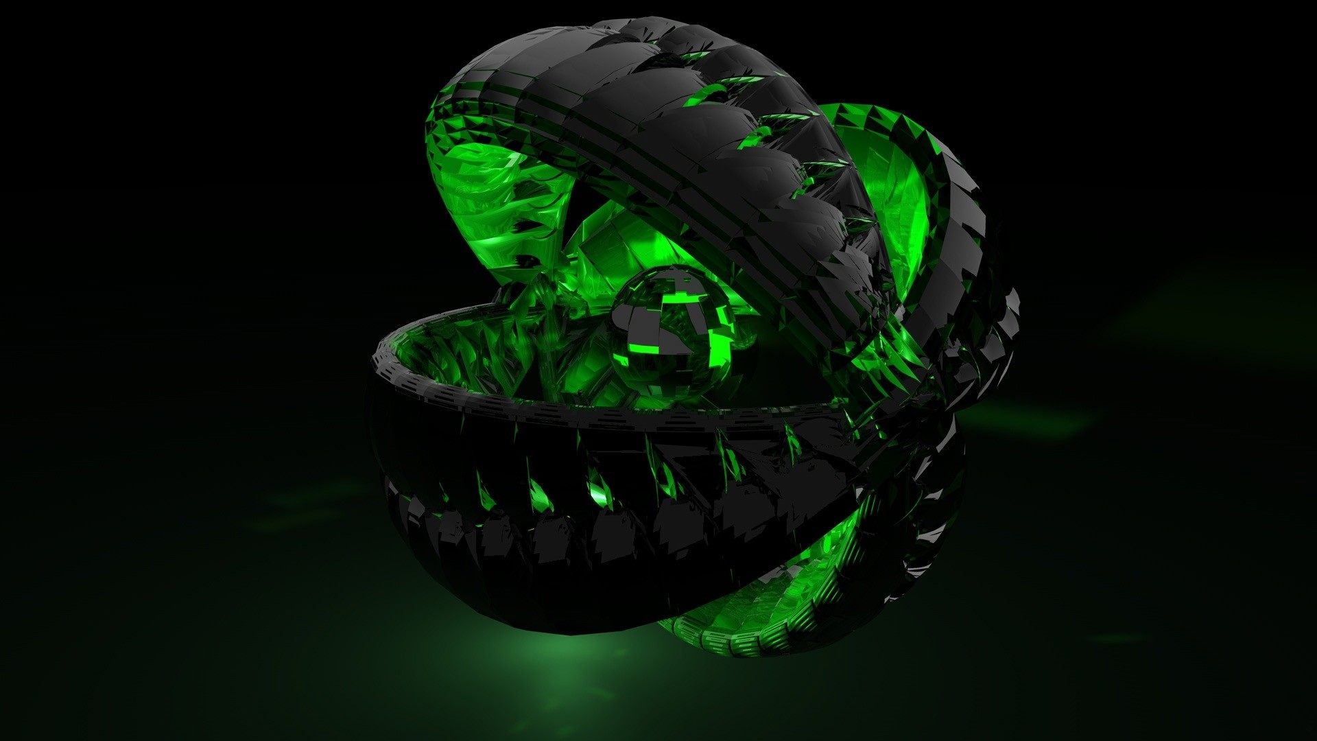 Sfera meccanica, Verde neon, 3D, Sfondo nero, Full HD, wallpaper per desktop