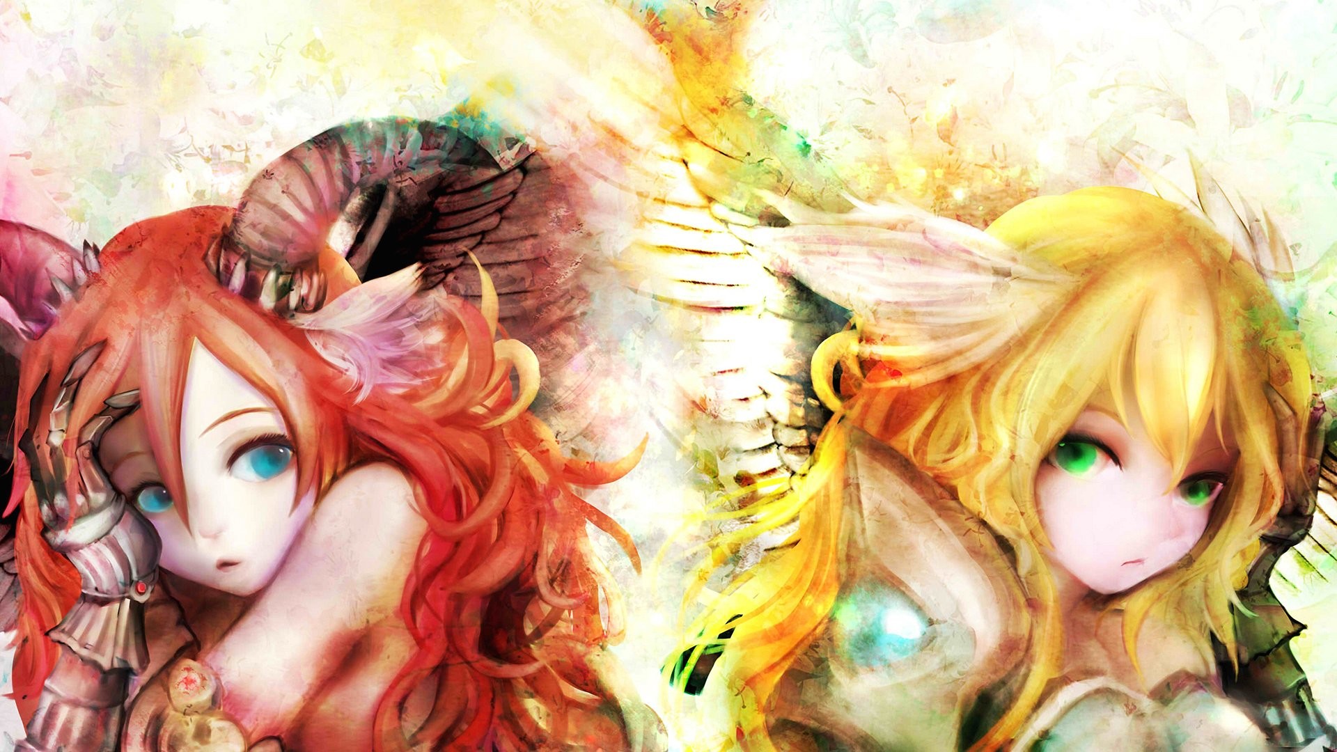 Ragazze anime, Capelli rossi, Capelli biondi, Ali, Full HD, wallpaper per portatile